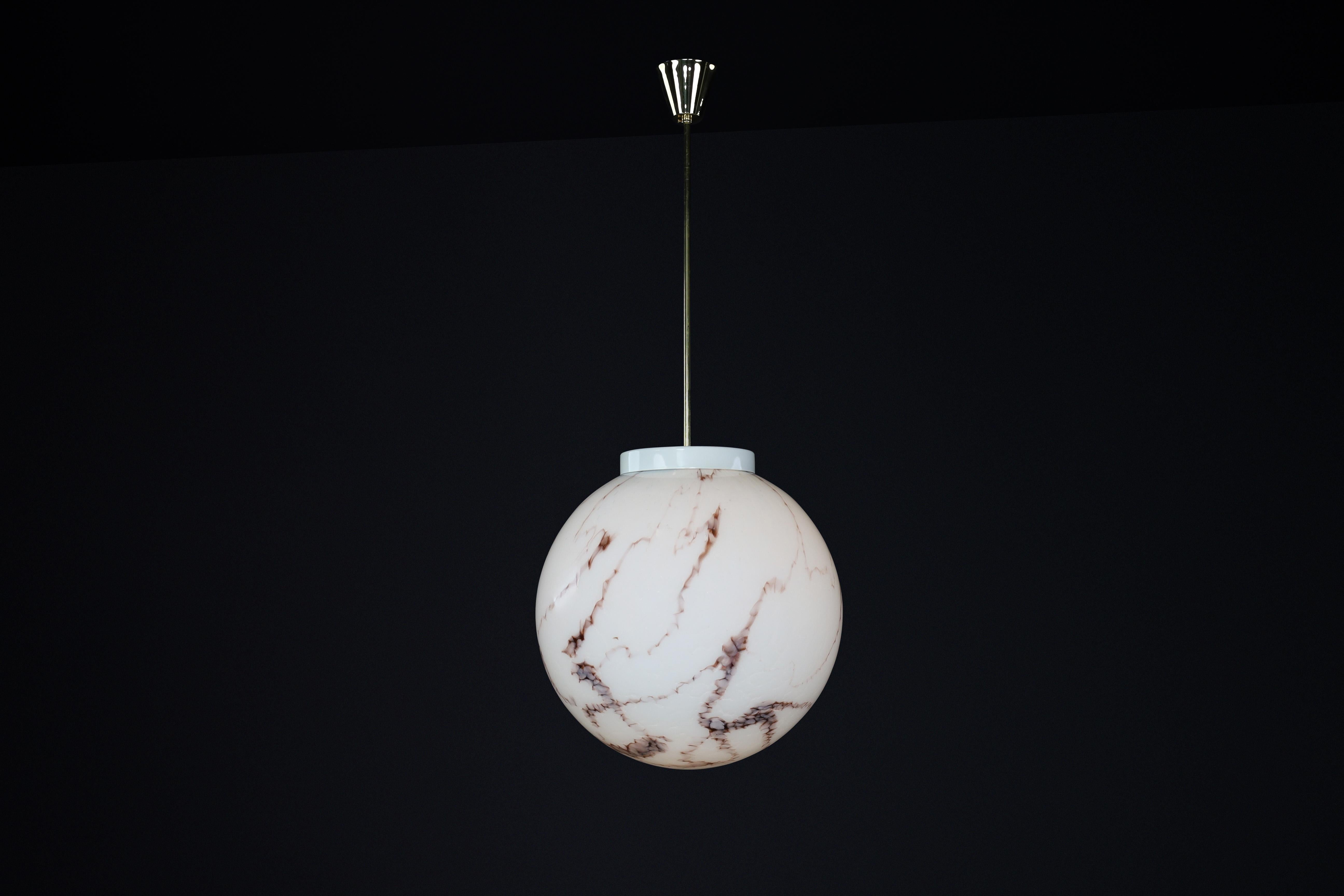 Midcentury Large Brass and Marble Opaline Glass Pendant, Praque 1950s In Good Condition For Sale In Almelo, NL