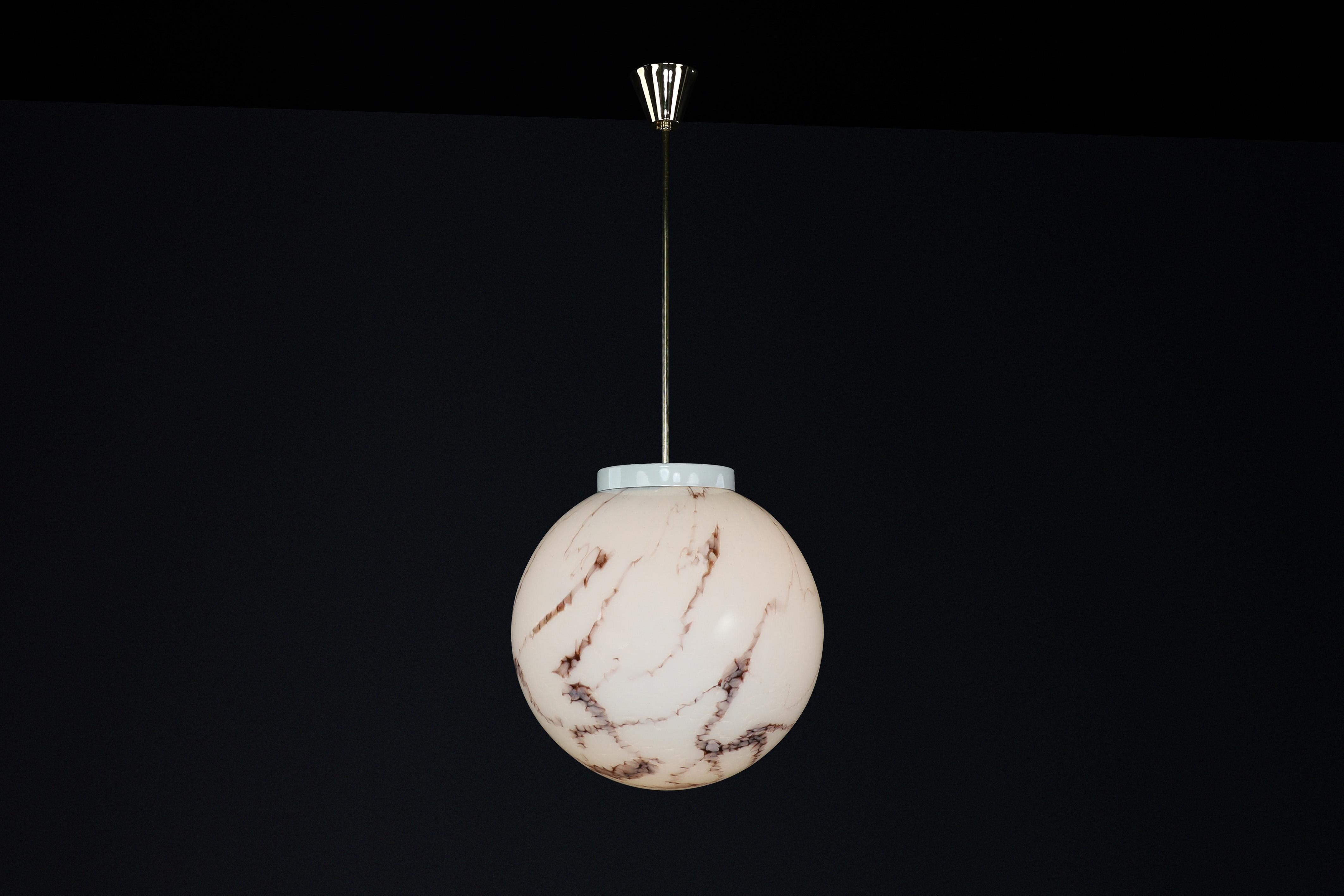 20th Century Midcentury Large Brass and Marble Opaline Glass Pendant, Praque 1950s For Sale