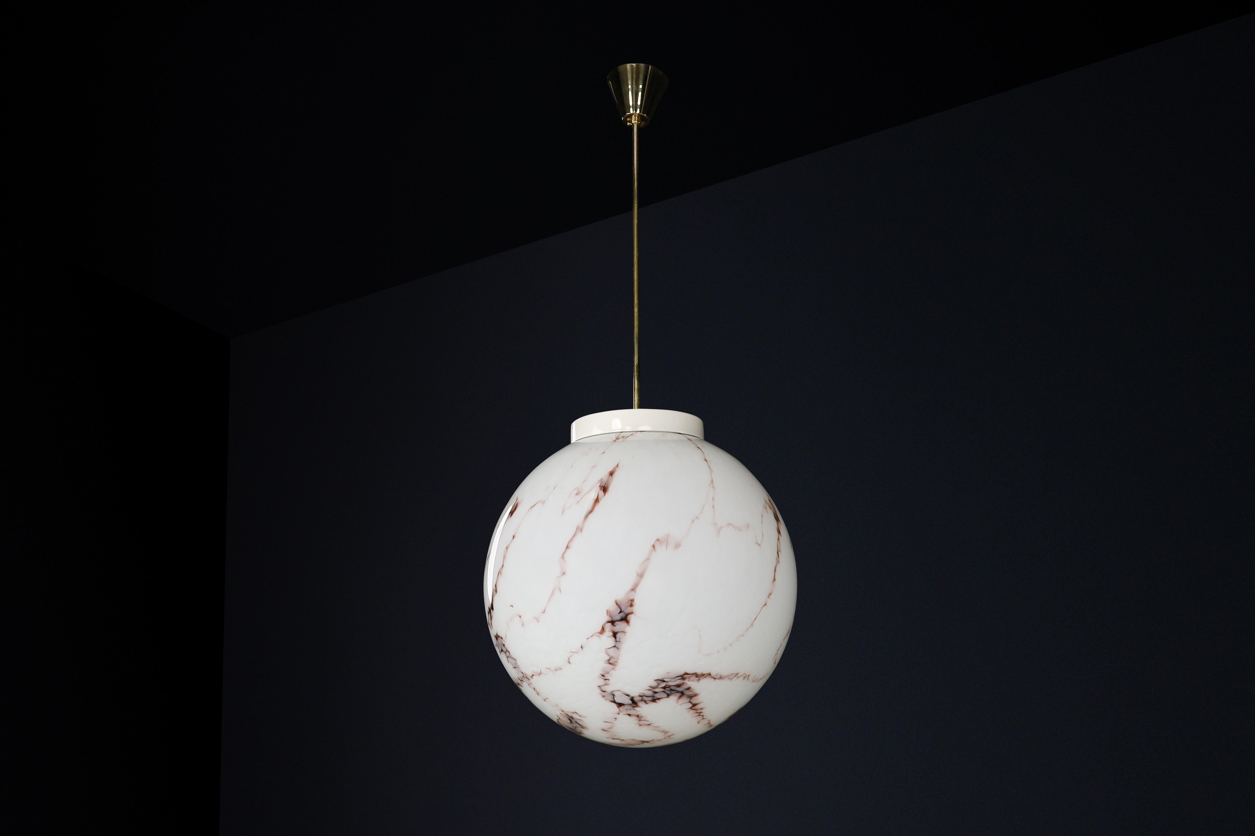 Midcentury Large Brass and Marble Opaline Glass Pendant, Praque 1950s For Sale 1