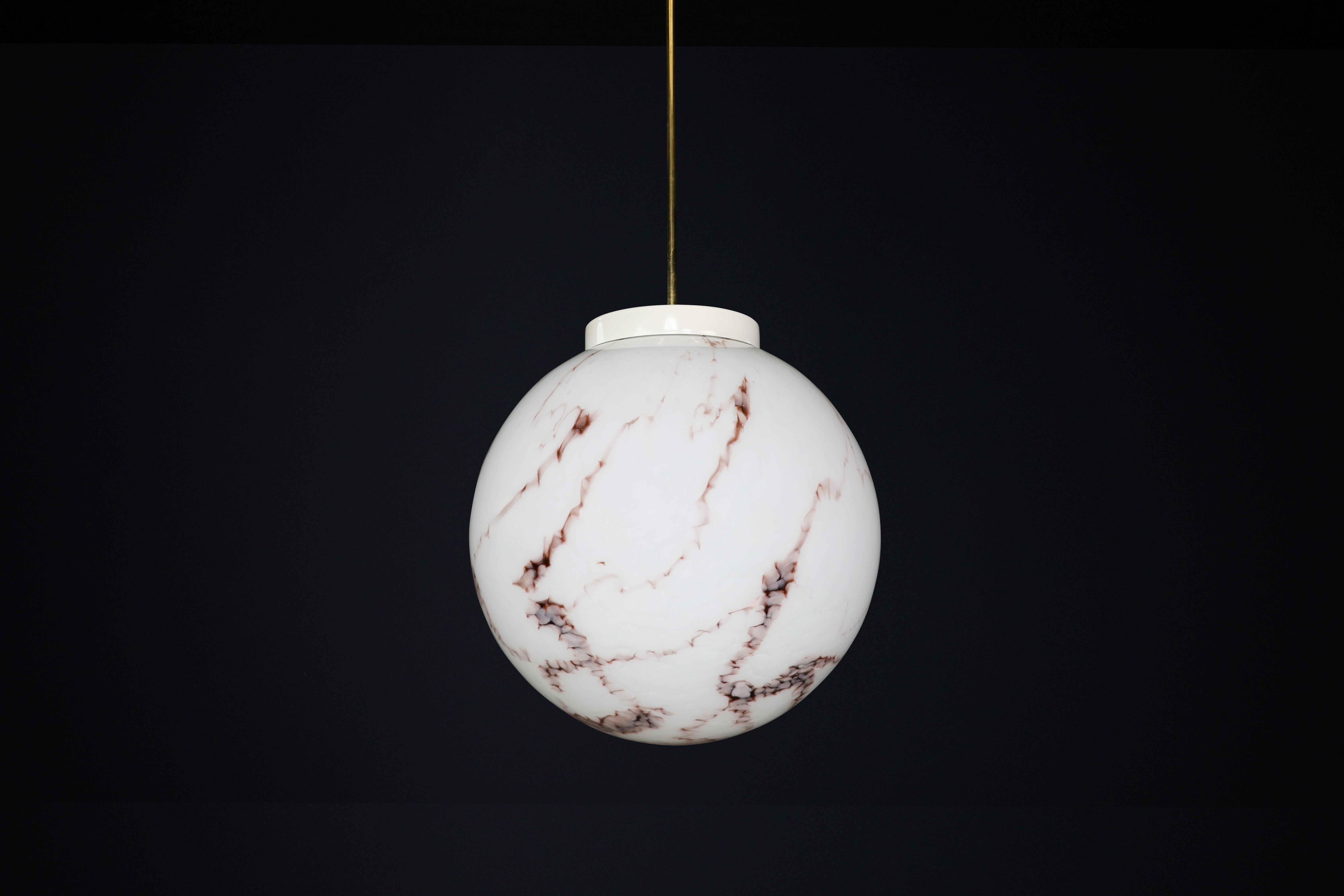 Midcentury Large Brass and Marble Opaline Glass Pendant, Praque 1950s For Sale 2