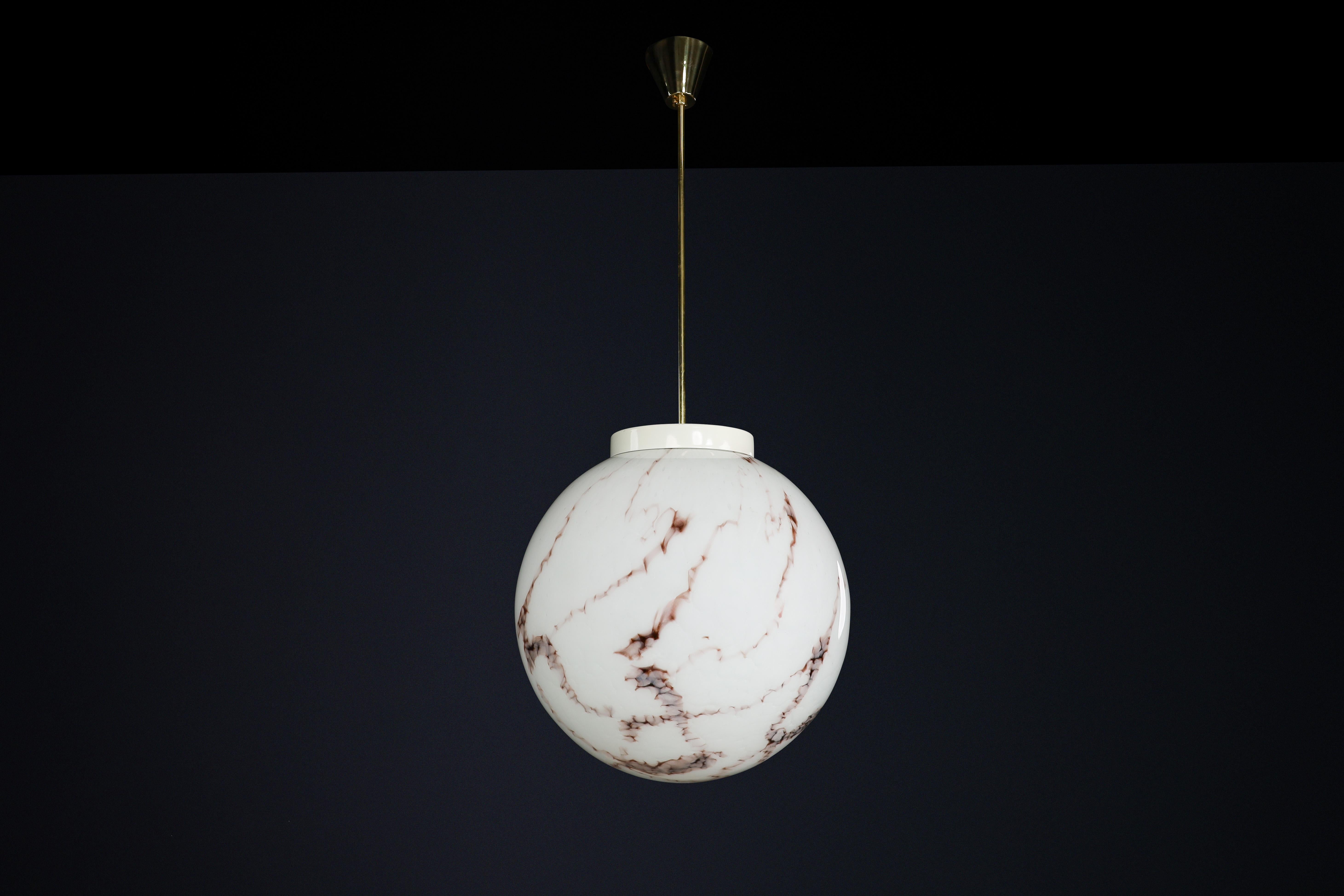 Midcentury Large Brass and Marble Opaline Glass Pendant, Praque 1950s For Sale 3