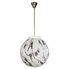 Midcentury Large Brass and Marble Opaline Glass Pendant, Praque 1950s