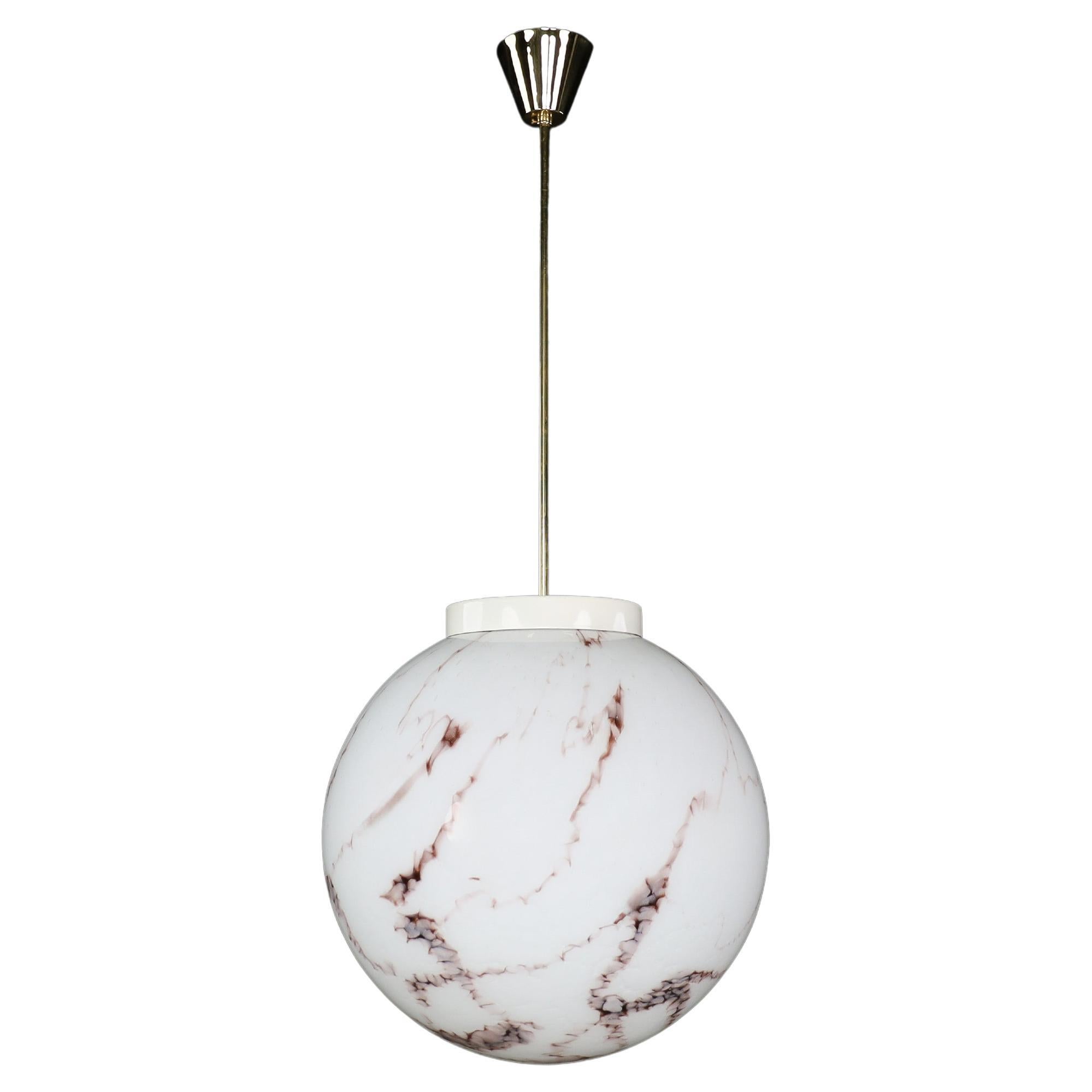 Midcentury Large Brass and Marble Opaline Glass Pendant, Praque 1950s