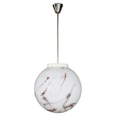 Midcentury Large Brass and Marble Opaline Glass Pendant, Praque 1950s