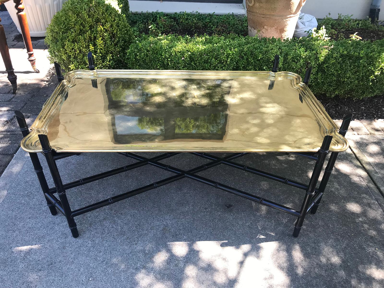 Midcentury Large Brass Tray on Faux Bamboo Stand, Marked Made in Germany In Good Condition In Atlanta, GA