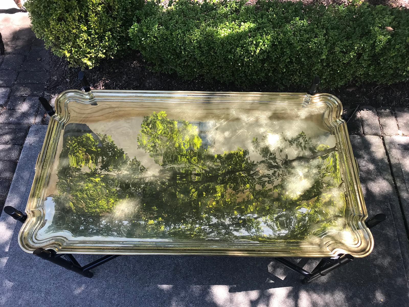 20th Century Midcentury Large Brass Tray on Faux Bamboo Stand, Marked Made in Germany