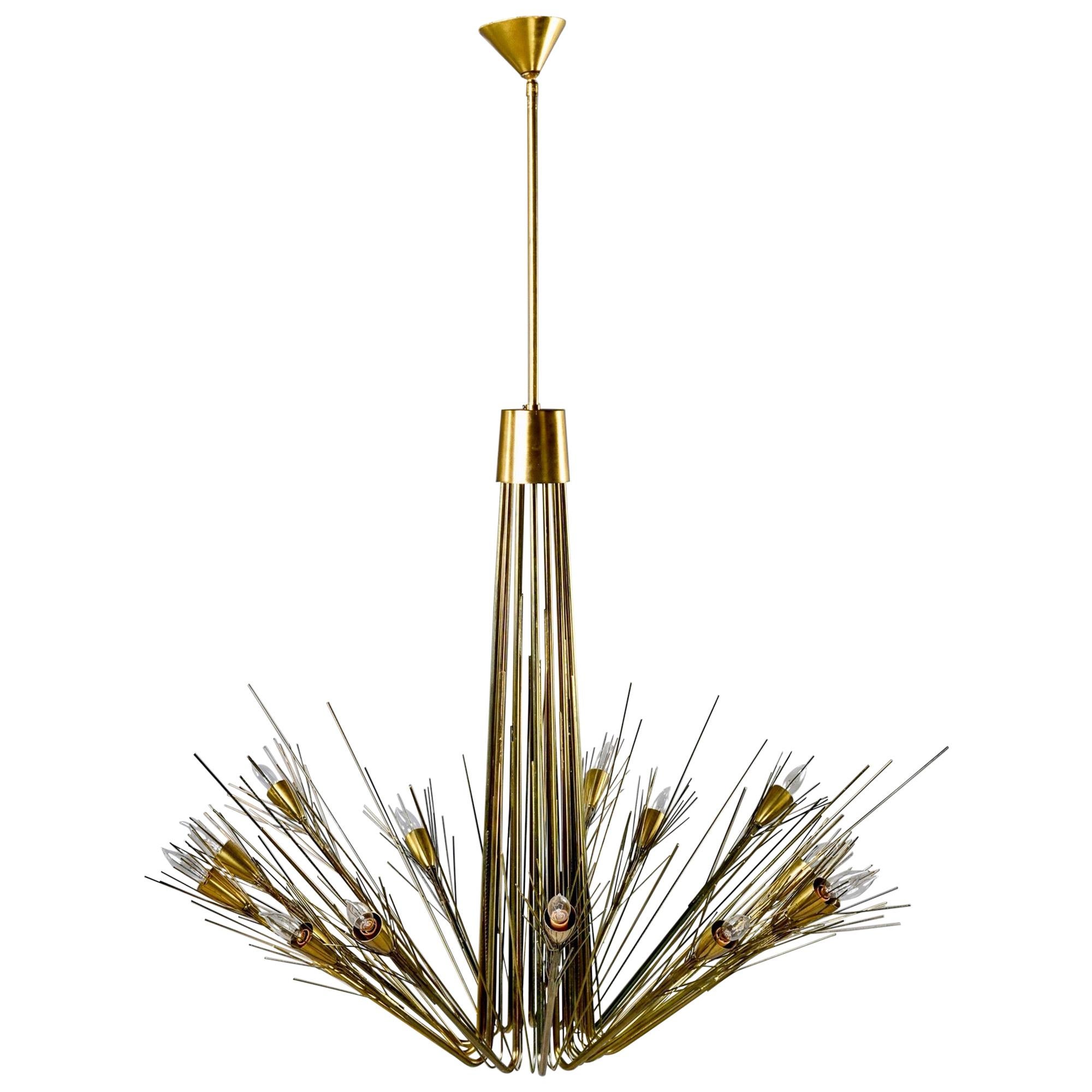 Midcentury Large Brutalist Style Brass 14-Light Chandelier