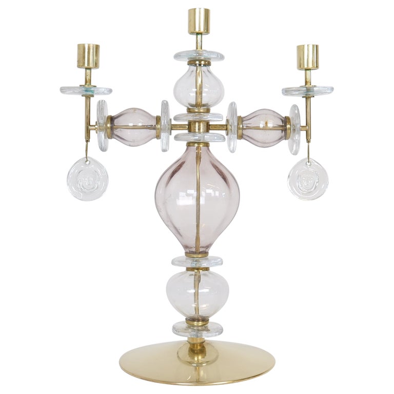 Midcentury Large Candelabra in Glass and Brass Erik Höglund, 1960s Boda Sweden
