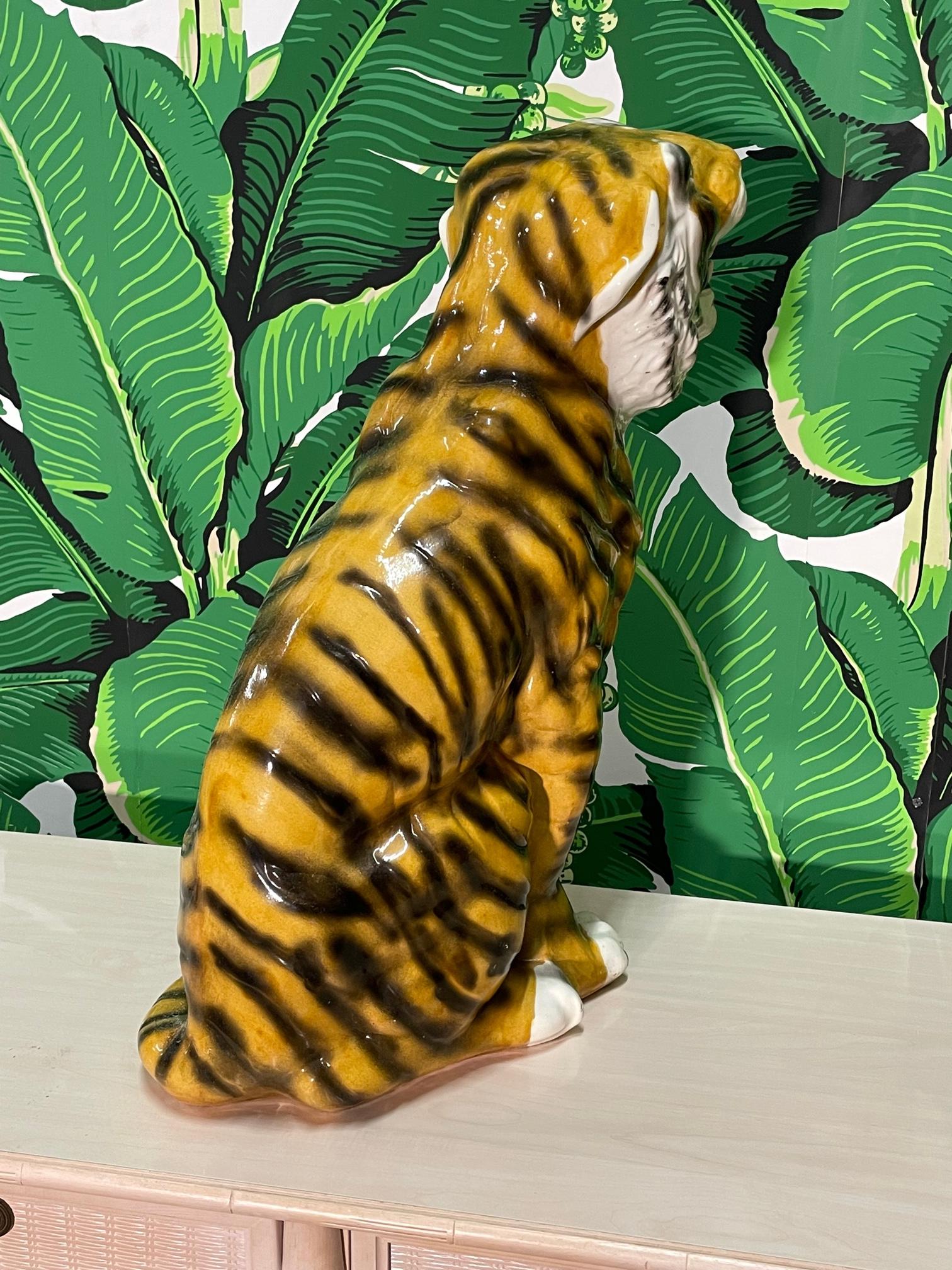 Midcentury Large Ceramic Glazed Tiger Statue In Good Condition For Sale In Jacksonville, FL
