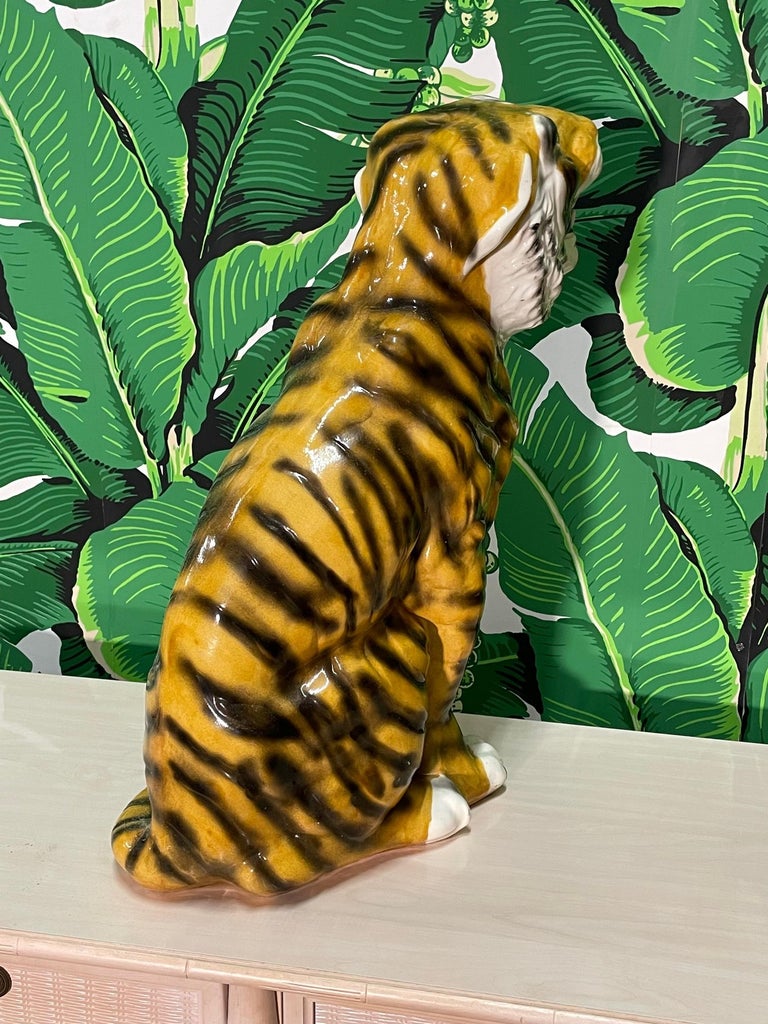 Midcentury Large Ceramic Glazed Tiger Statue For Sale at 1stDibs