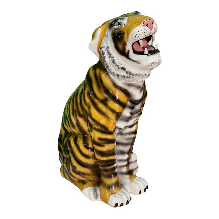 Midcentury Large Ceramic Glazed Tiger Statue For Sale at 1stDibs