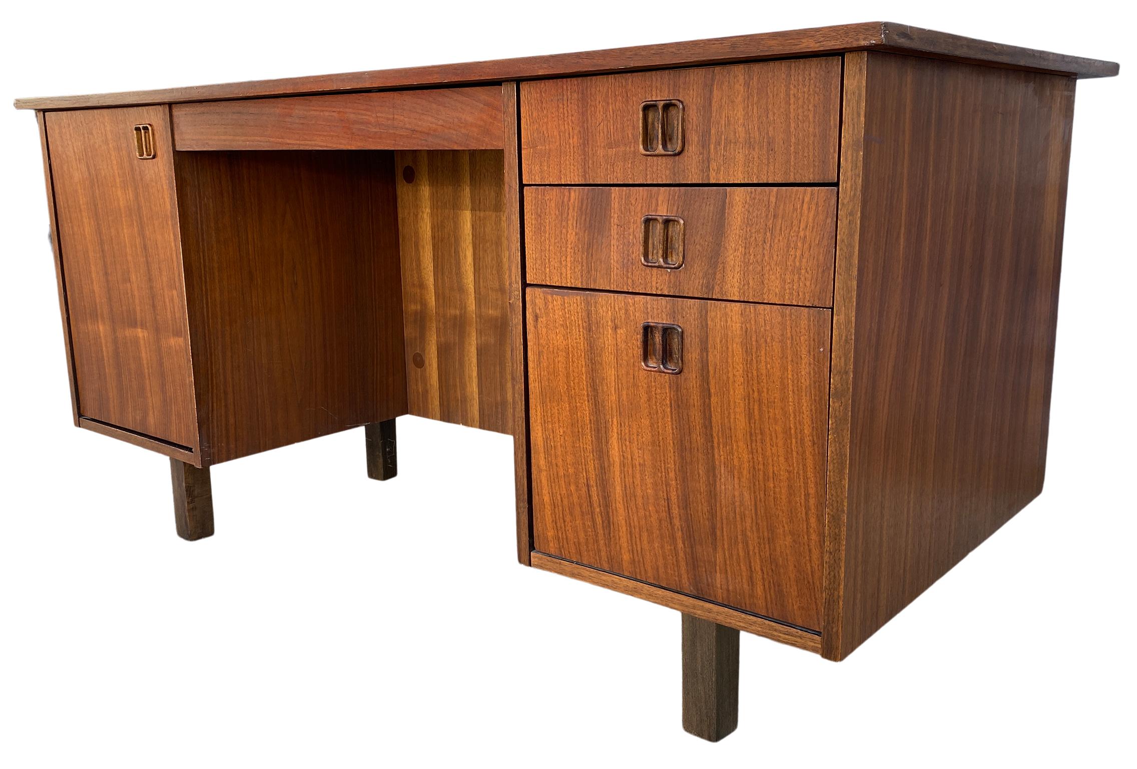 Mid-Century Modern Midcentury Large Danish Modern Teak Kneehole Desk 4 Drawers 1 Cabinet