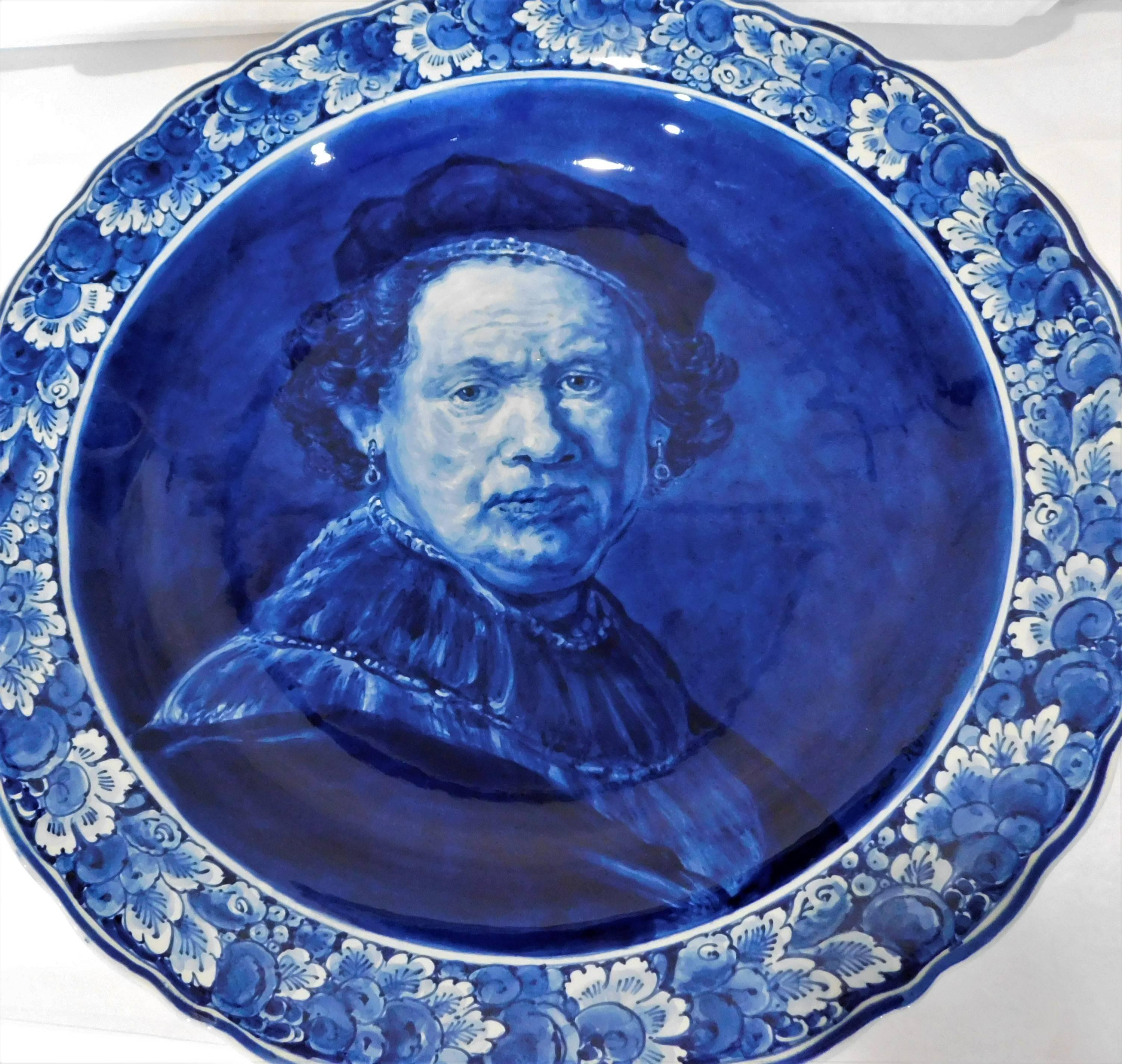 This midcentury large Delft Rembrandt Van Rijn self portrait plate or platter was painted from the original by B.G. Nardorp.