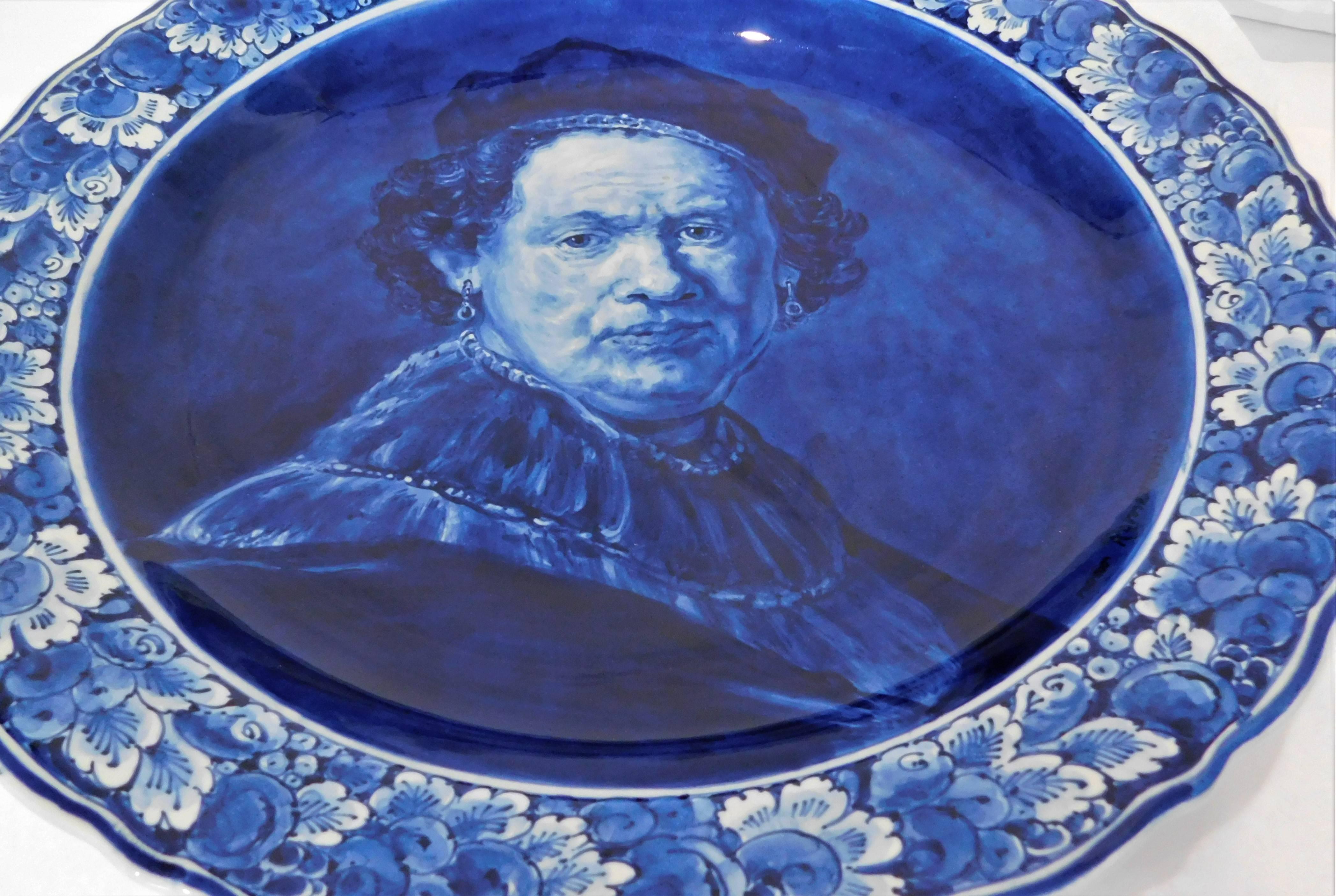 Porcelain Midcentury Large Delft Rembrandt Van Rijn Self Portrait Plate