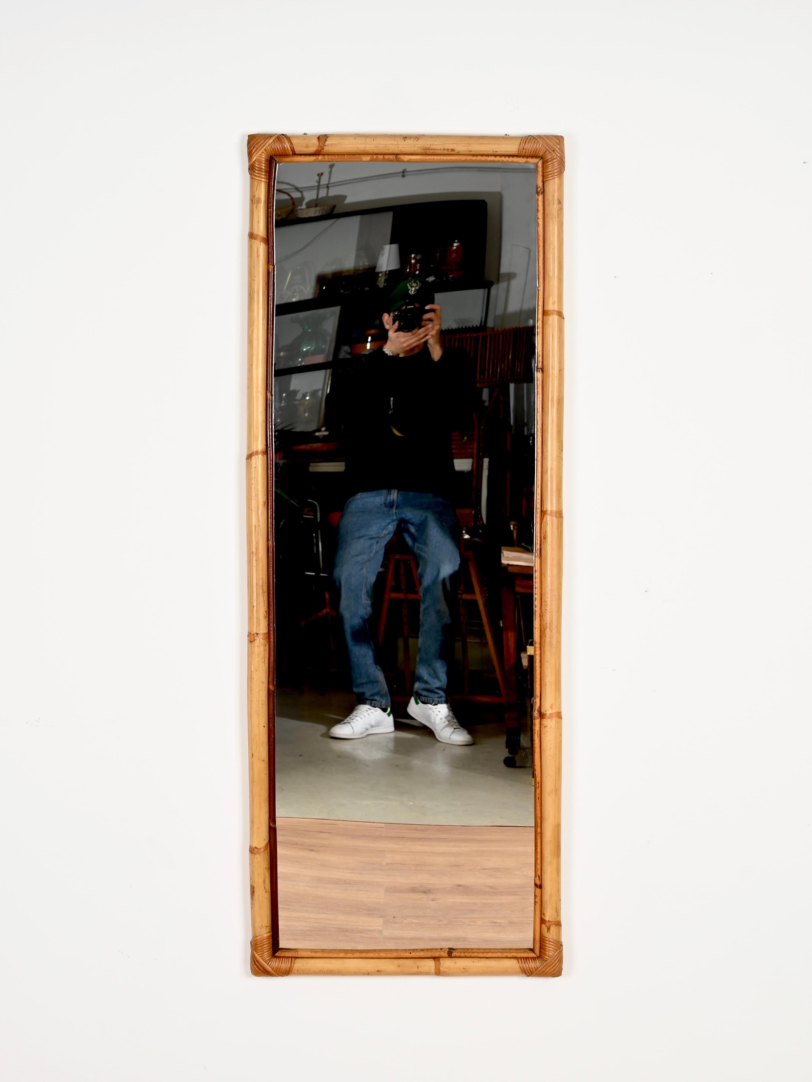 Midcentury Large Full Length Rectangular Mirror in Bamboo and Rattan, Italy 1970 3