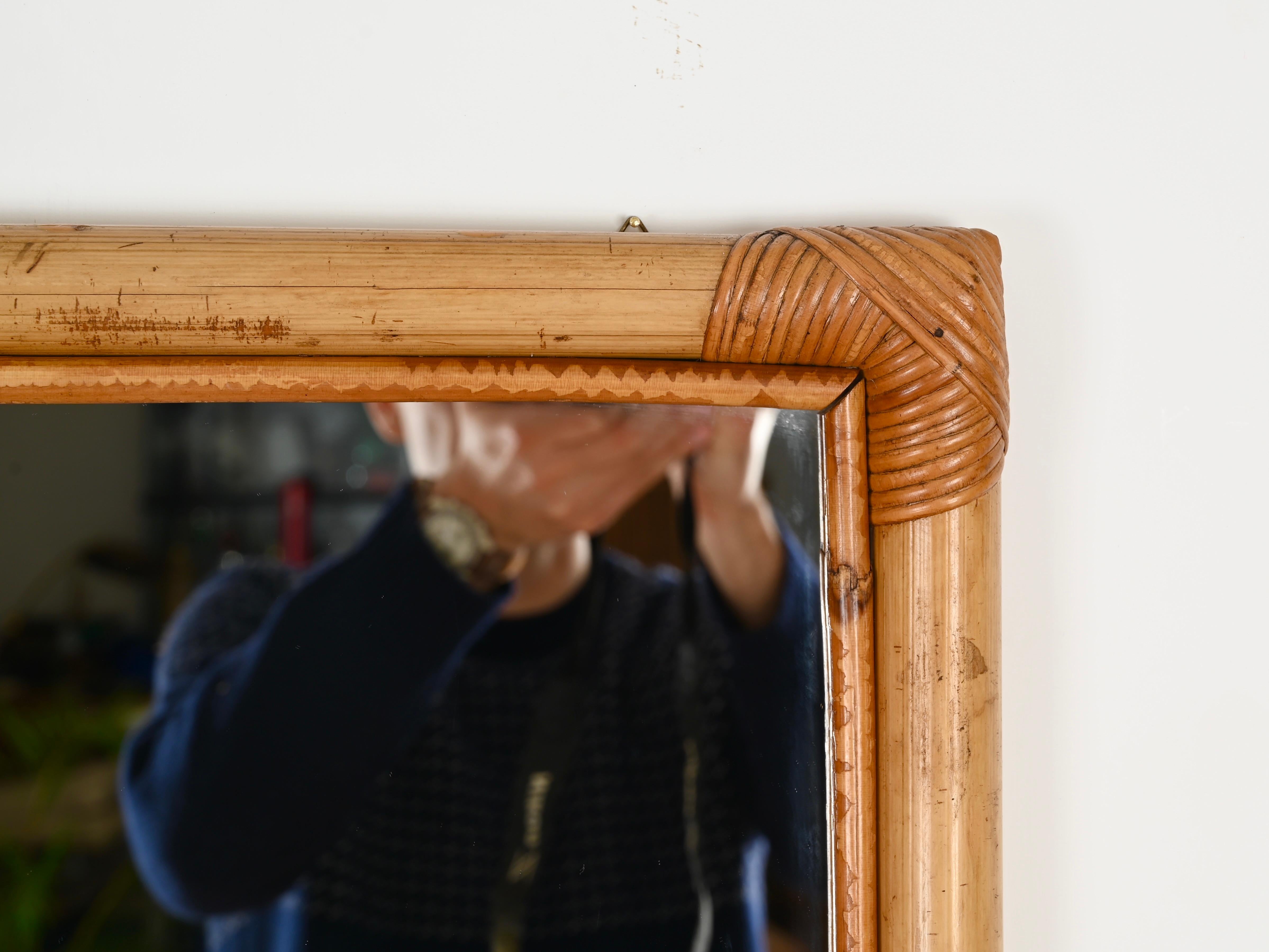 Midcentury Large Full Length Rectangular Mirror in Bamboo and Rattan, Italy 1970 4