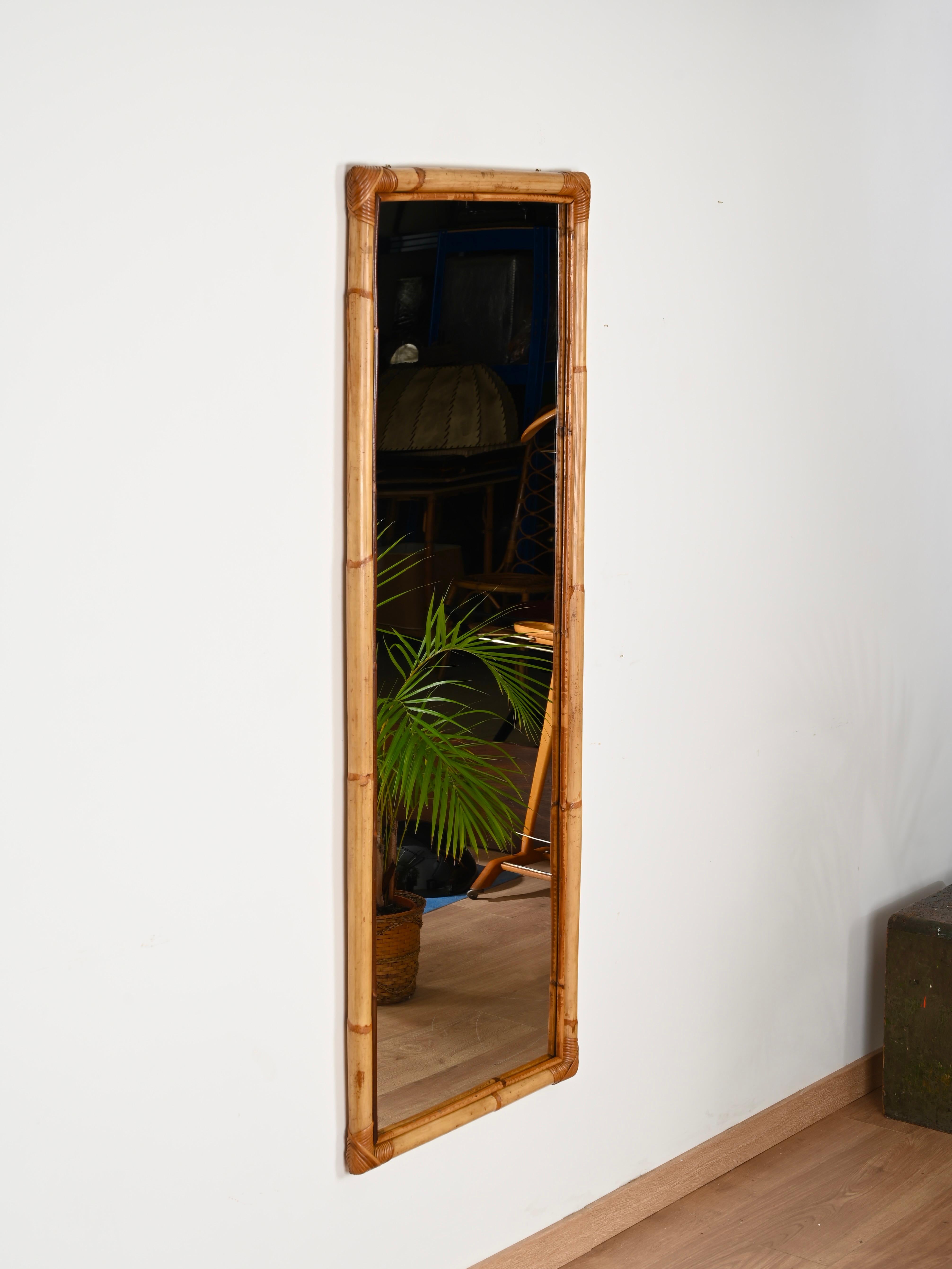 Mid-Century Modern Midcentury Large Full Length Rectangular Mirror in Bamboo and Rattan, Italy 1970