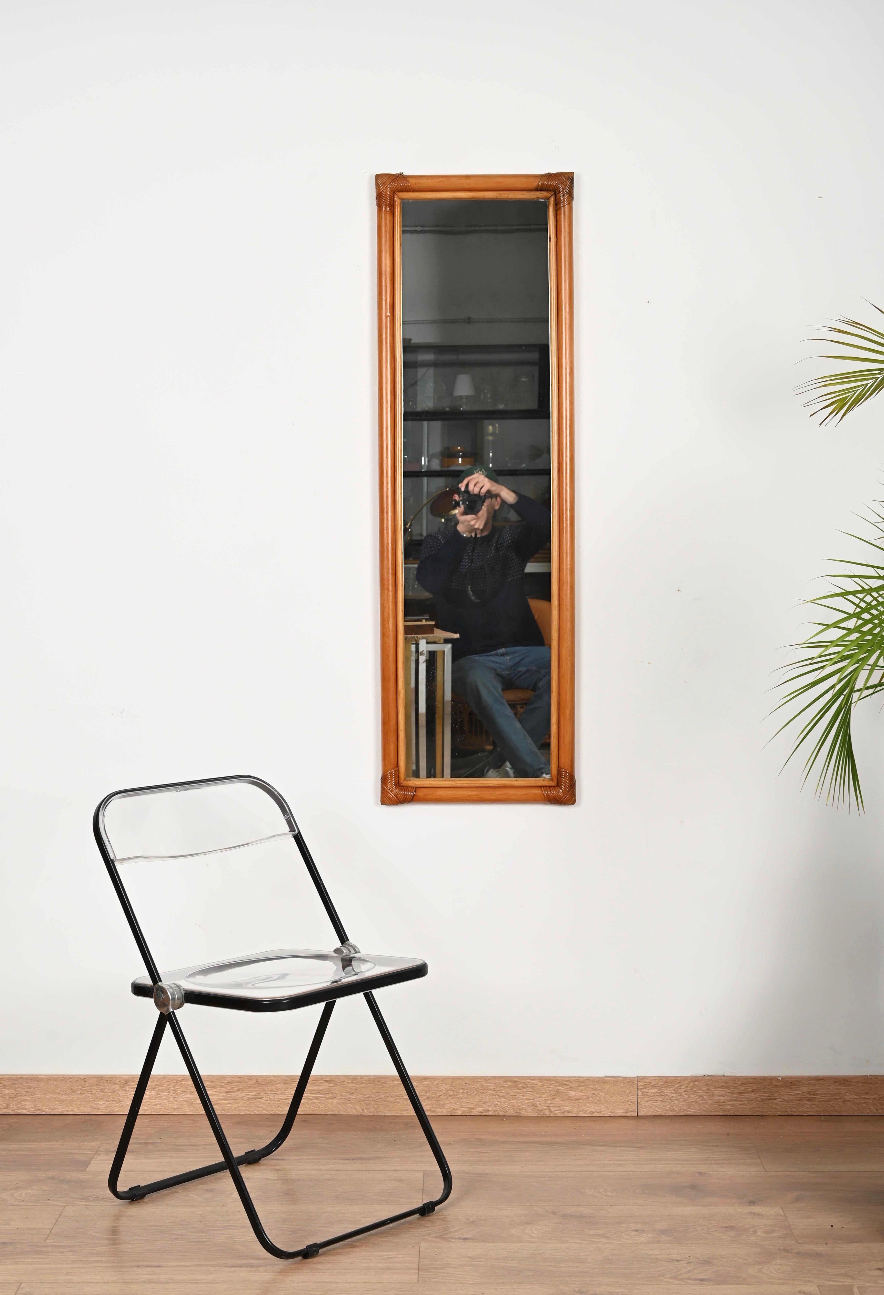 Mid-Century Modern Midcentury Large Full Length Rectangular Mirror in Bamboo and Rattan, Italy 1970