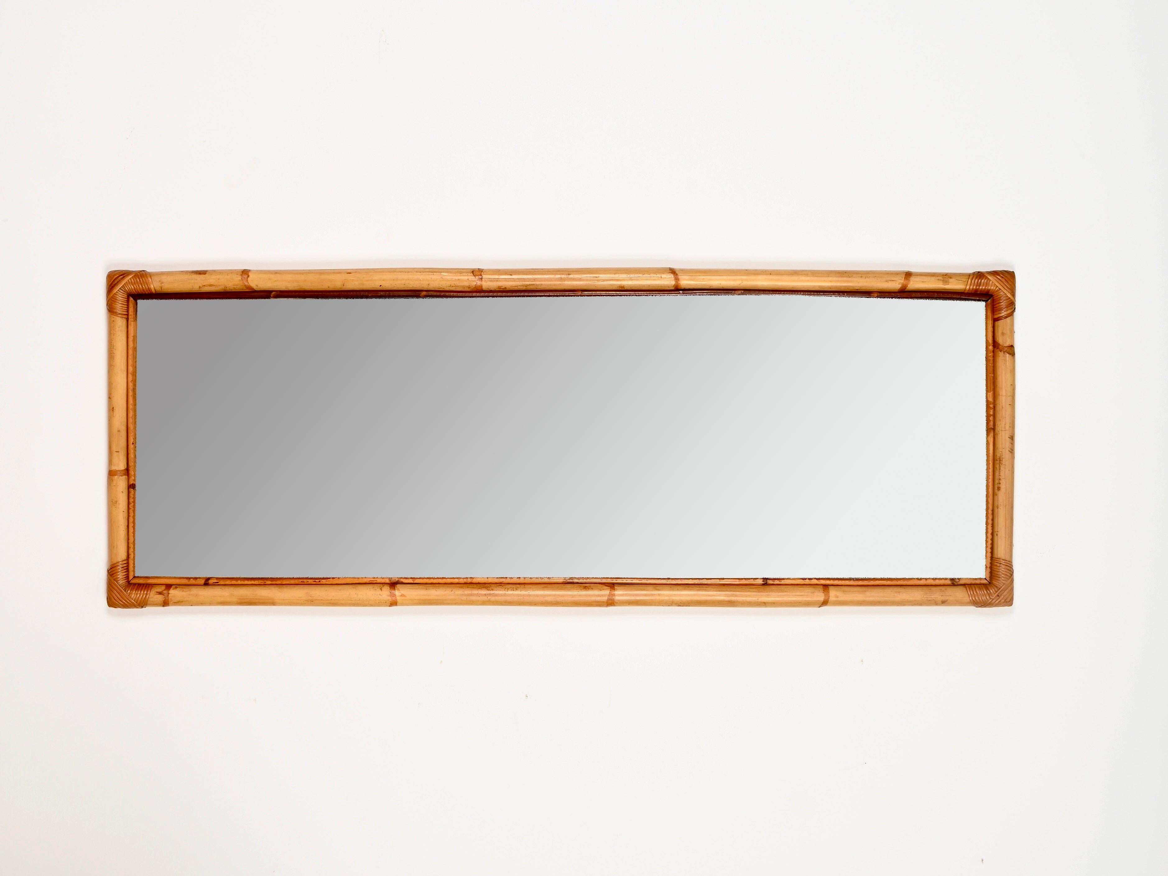 Italian Midcentury Large Full Length Rectangular Mirror in Bamboo and Rattan, Italy 1970