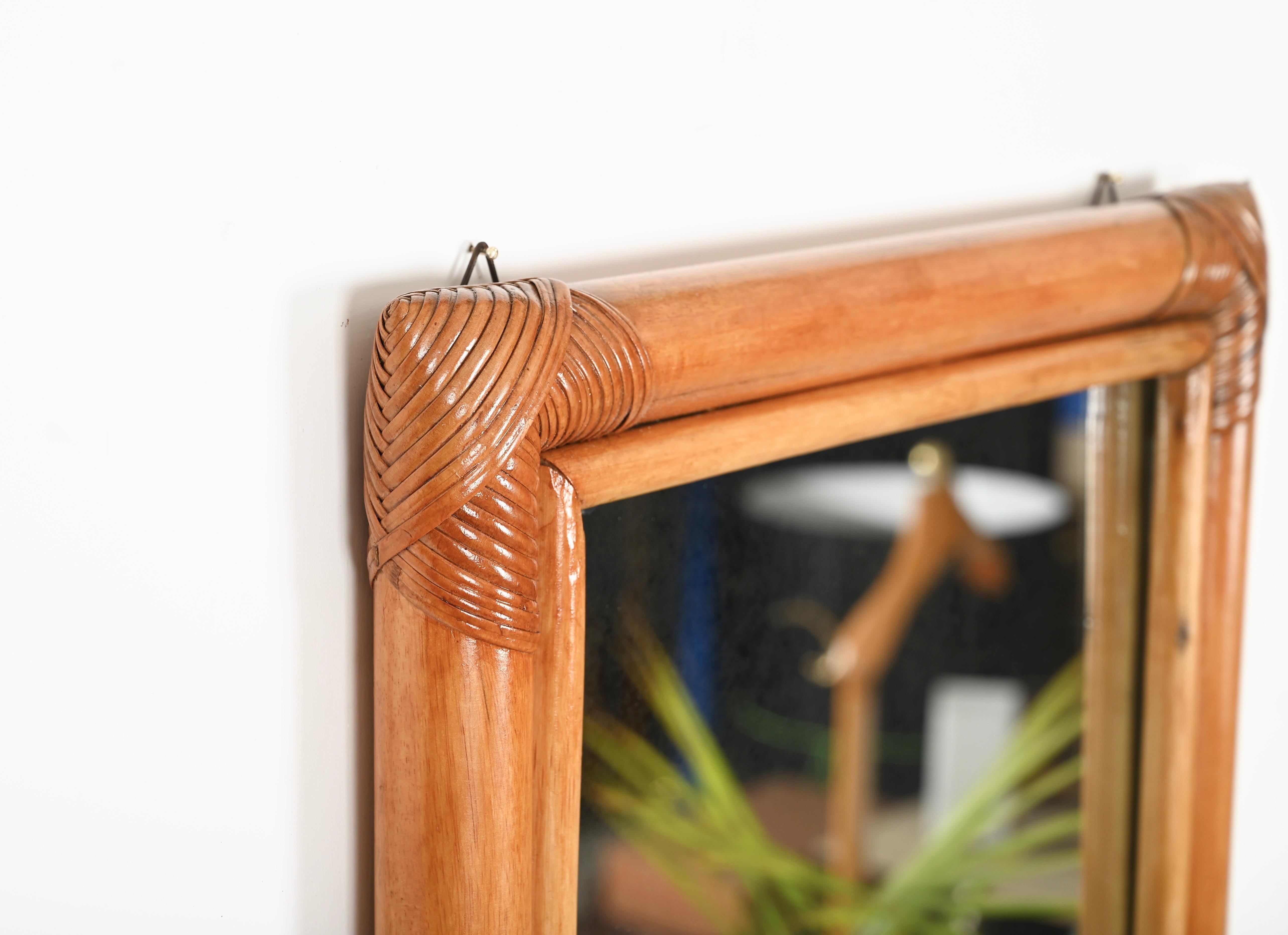 Italian Midcentury Large Full Length Rectangular Mirror in Bamboo and Rattan, Italy 1970