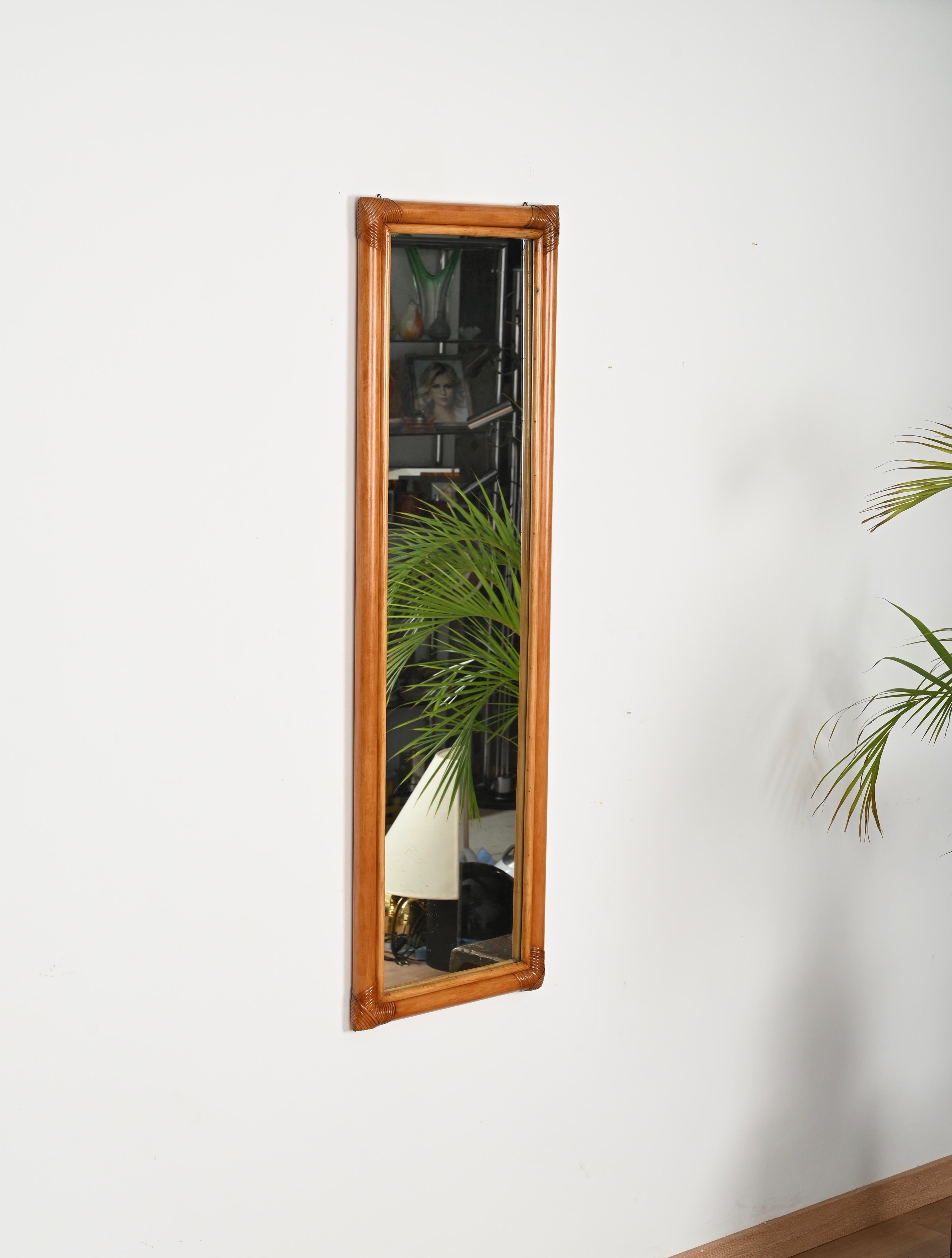 Hand-Crafted Midcentury Large Full Length Rectangular Mirror in Bamboo and Rattan, Italy 1970