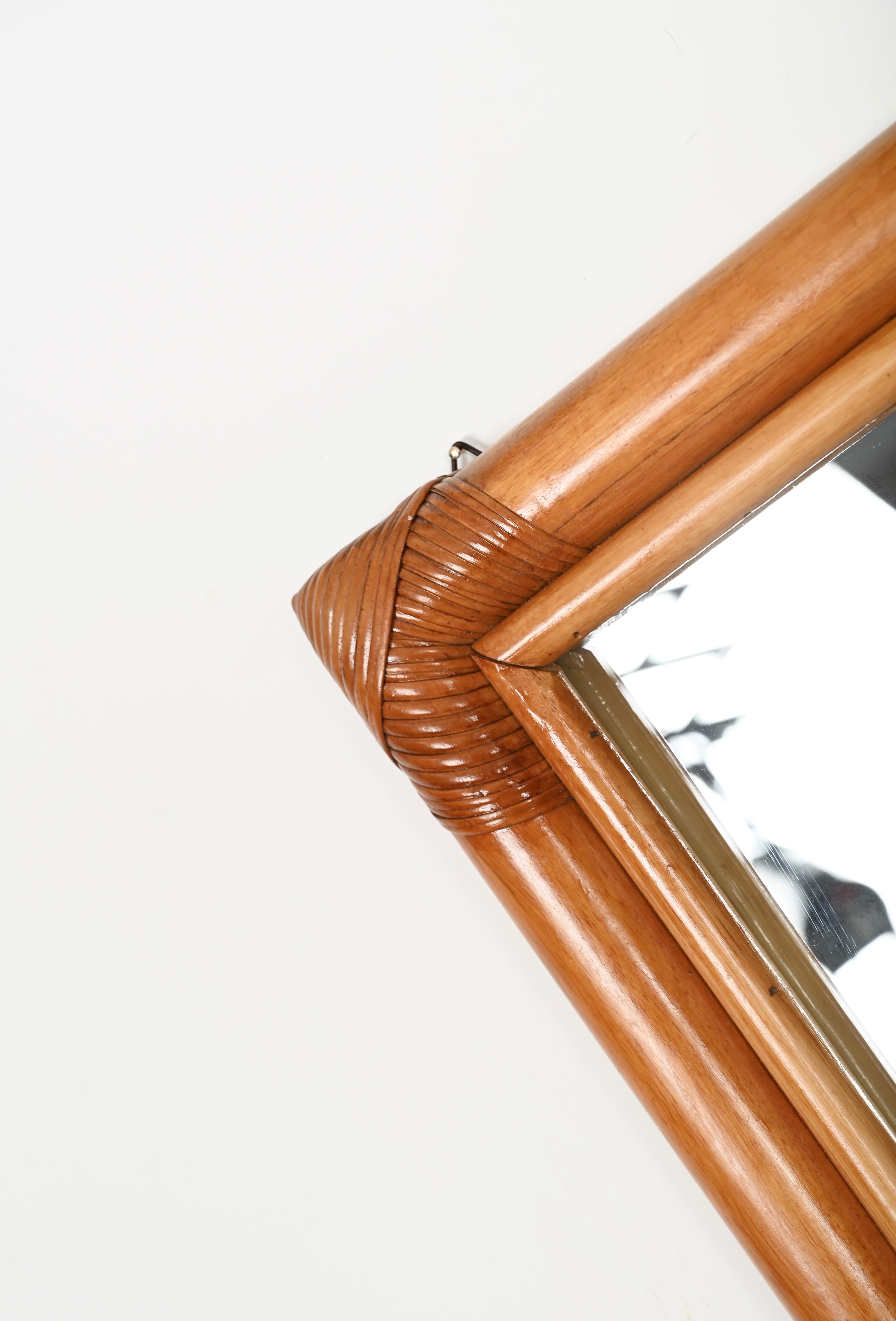 20th Century Midcentury Large Full Length Rectangular Mirror in Bamboo and Rattan, Italy 1970