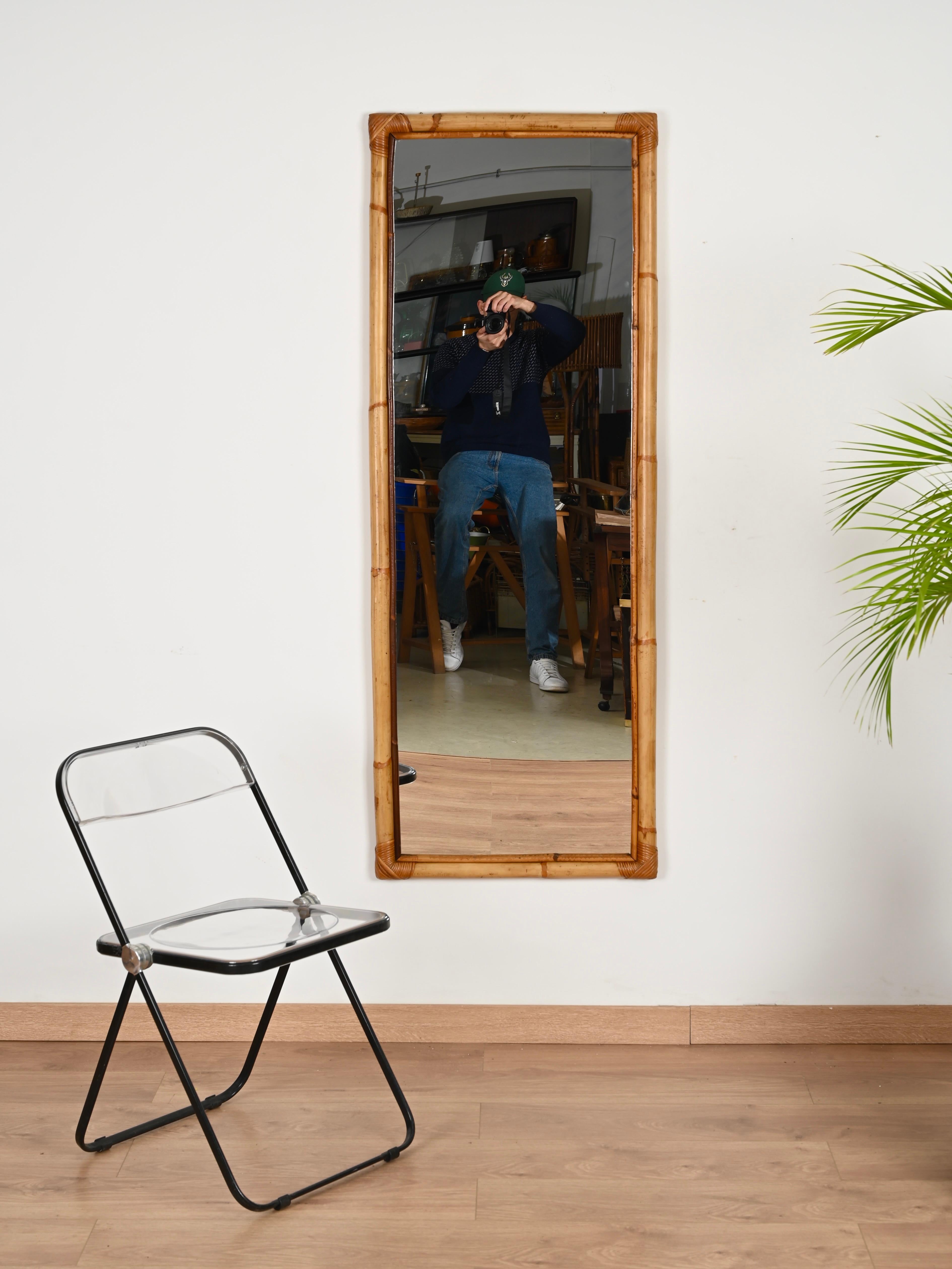 Midcentury Large Full Length Rectangular Mirror in Bamboo and Rattan, Italy 1970 1