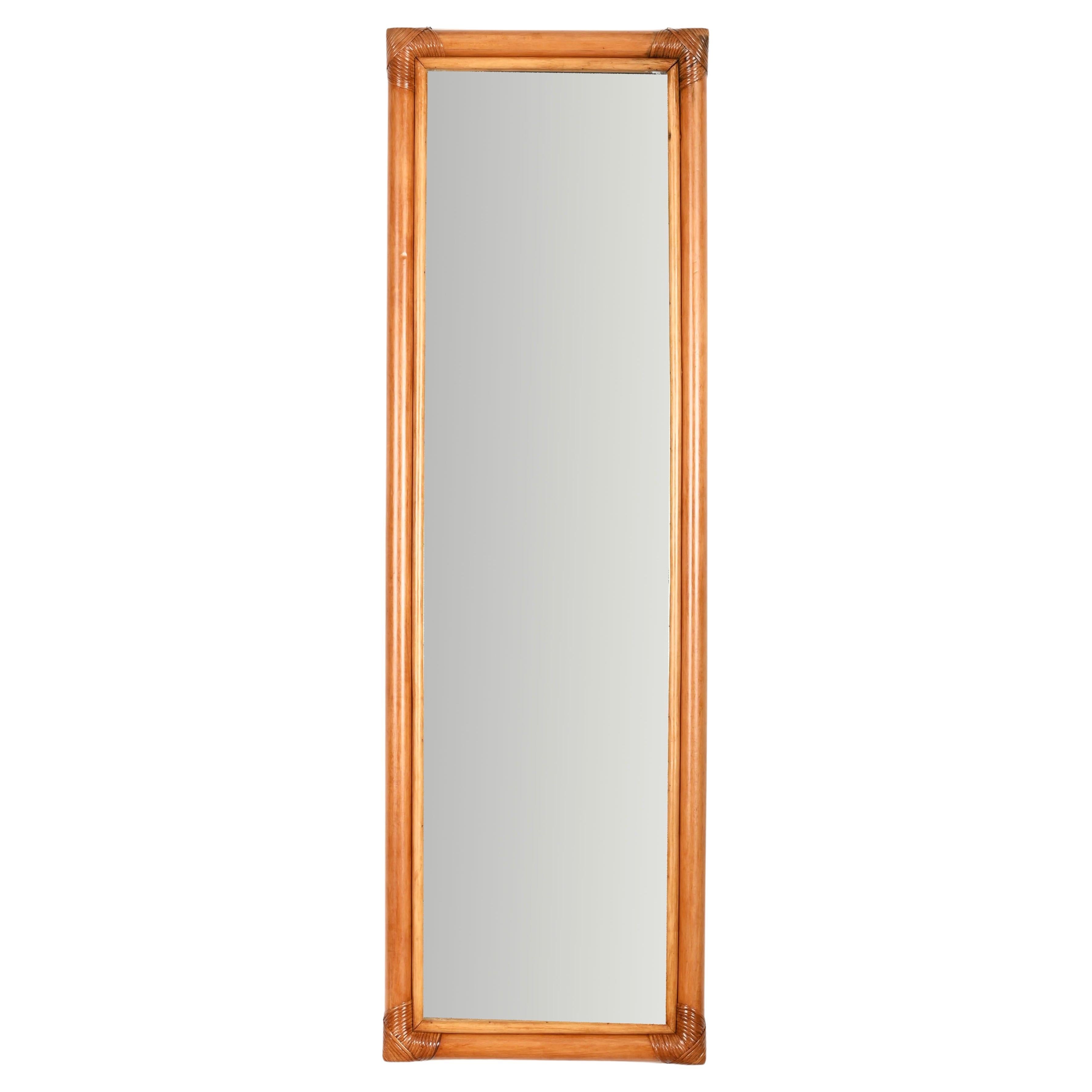 Midcentury Large Full Length Rectangular Mirror in Bamboo and Rattan, Italy 1970