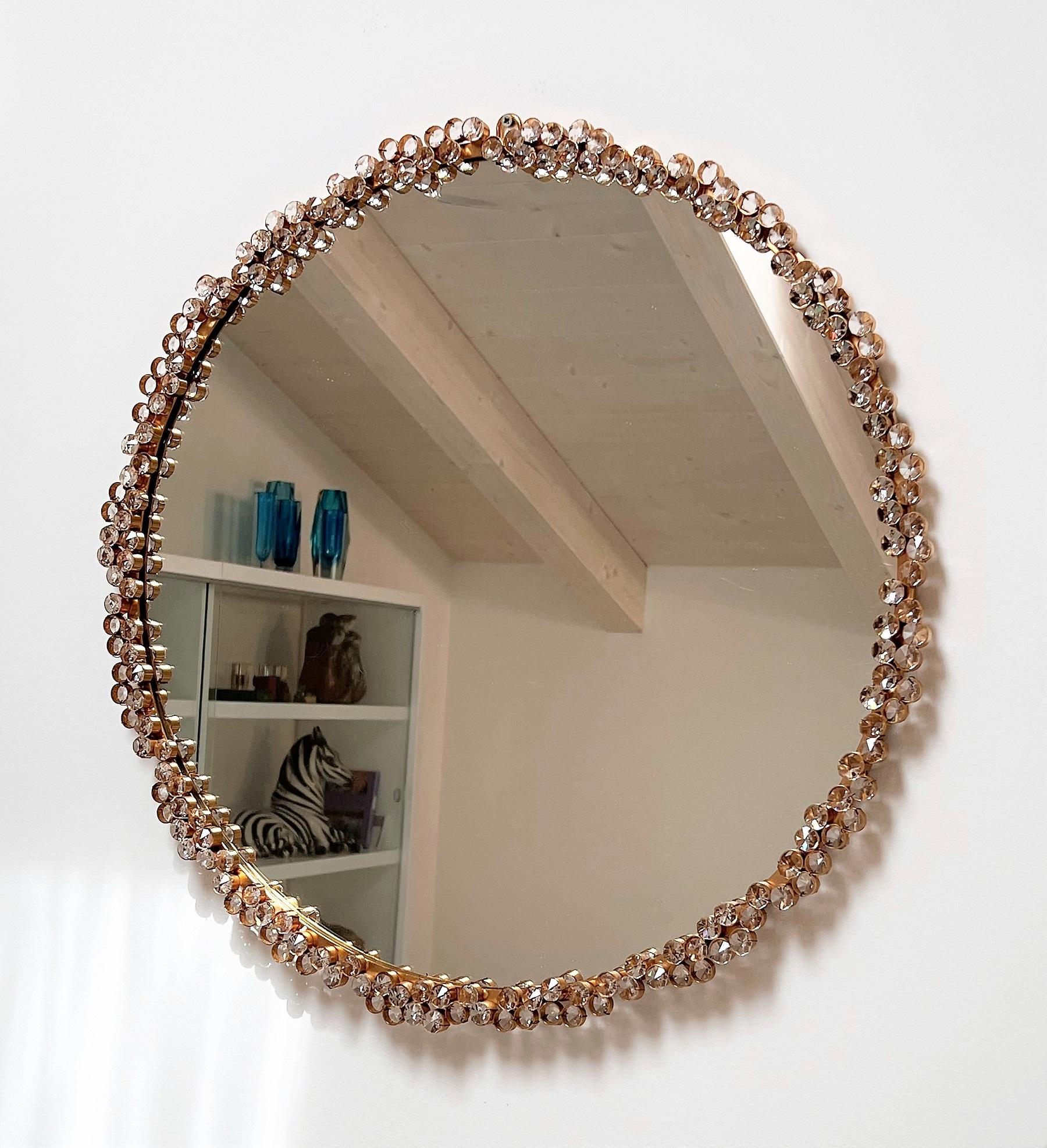 Mid-Century Modern Mid-Century Large Brass and Crystal Glass Wall Mirror by Palwa, Germany 70s