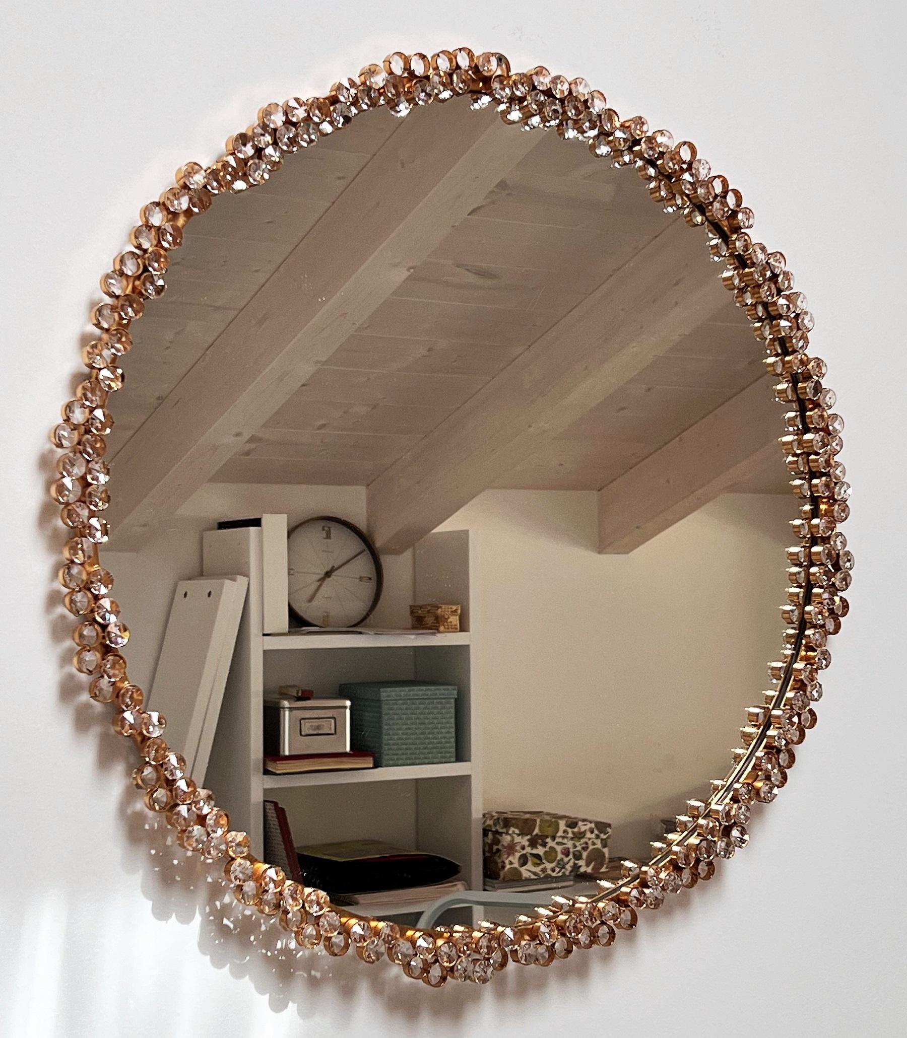 Late 20th Century Mid-Century Large Brass and Crystal Glass Wall Mirror by Palwa, Germany 70s