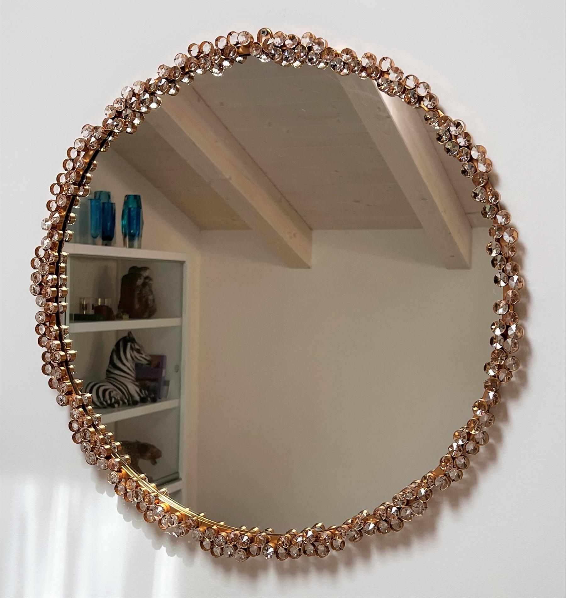 Mid-Century Large Brass and Crystal Glass Wall Mirror by Palwa, Germany 70s 1