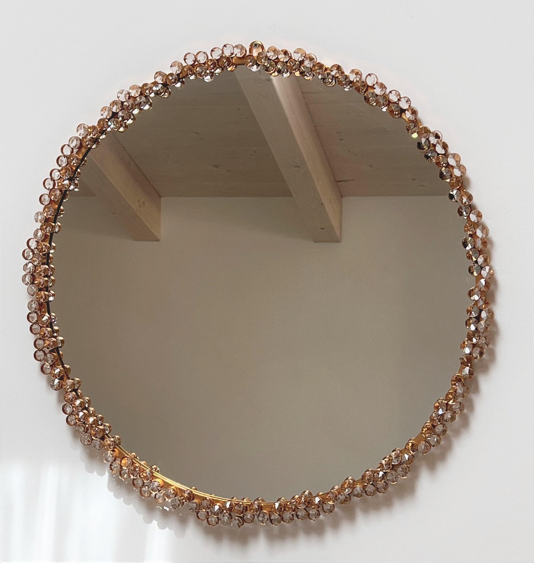 Mid-Century Large Brass and Crystal Glass Wall Mirror by Palwa, Germany 70s 2