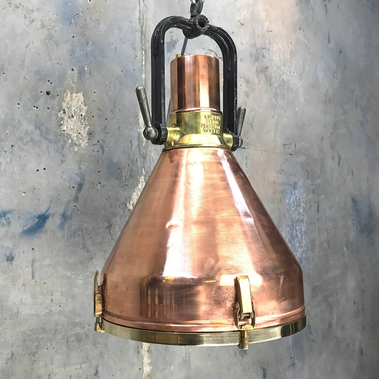 Midcentury Large Industrial German Copper, Brass, Cast Iron Gantry Pendant Lamp 6