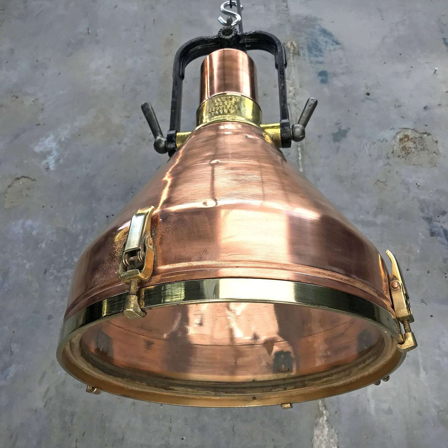Midcentury Large Industrial German Copper, Brass, Cast Iron Gantry Pendant Lamp 7
