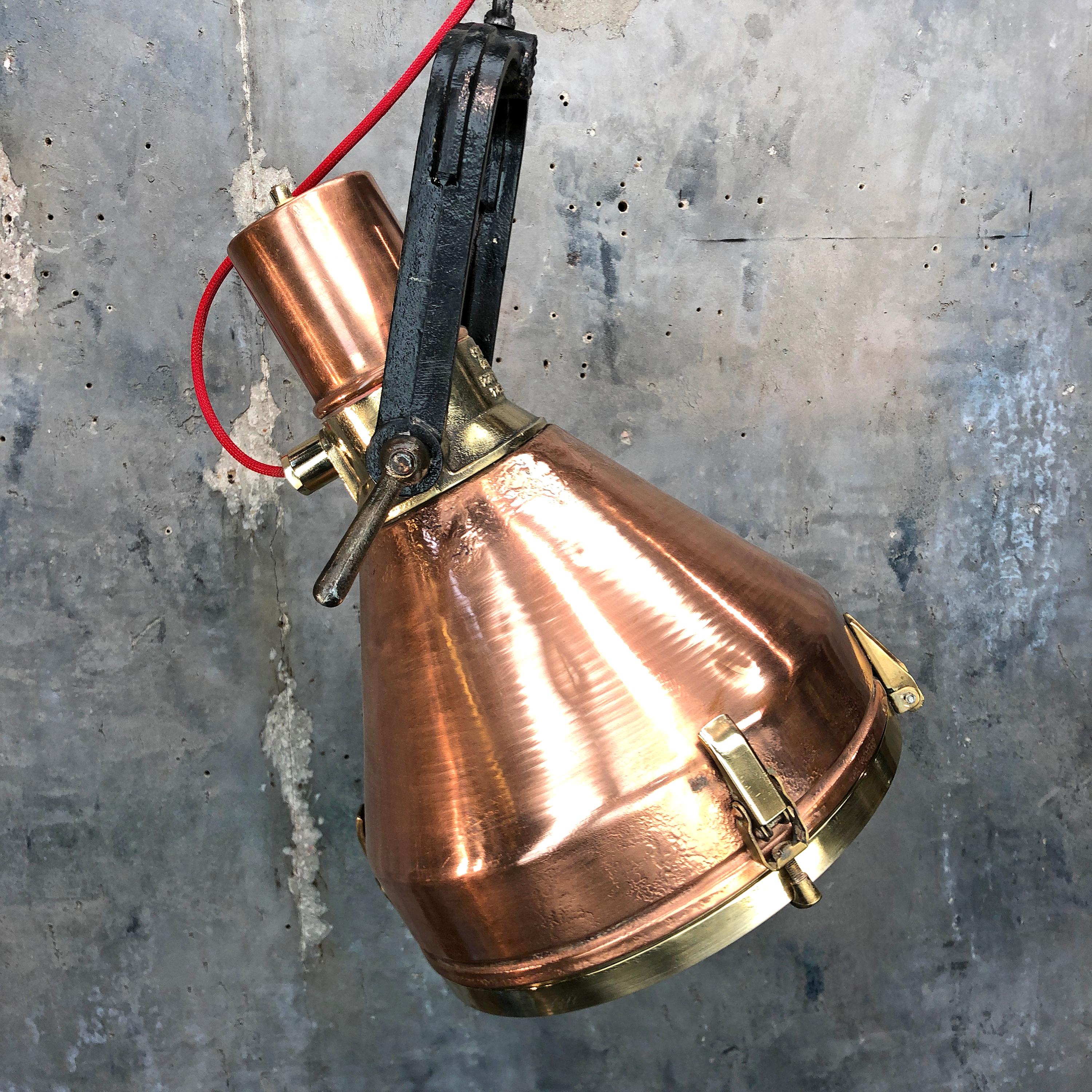 Midcentury Large Industrial German Copper, Brass, Cast Iron Gantry Pendant Lamp For Sale 8