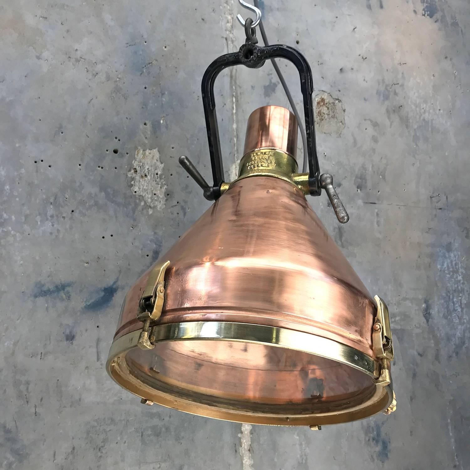 Midcentury Large Industrial German Copper, Brass, Cast Iron Gantry Pendant Lamp 8