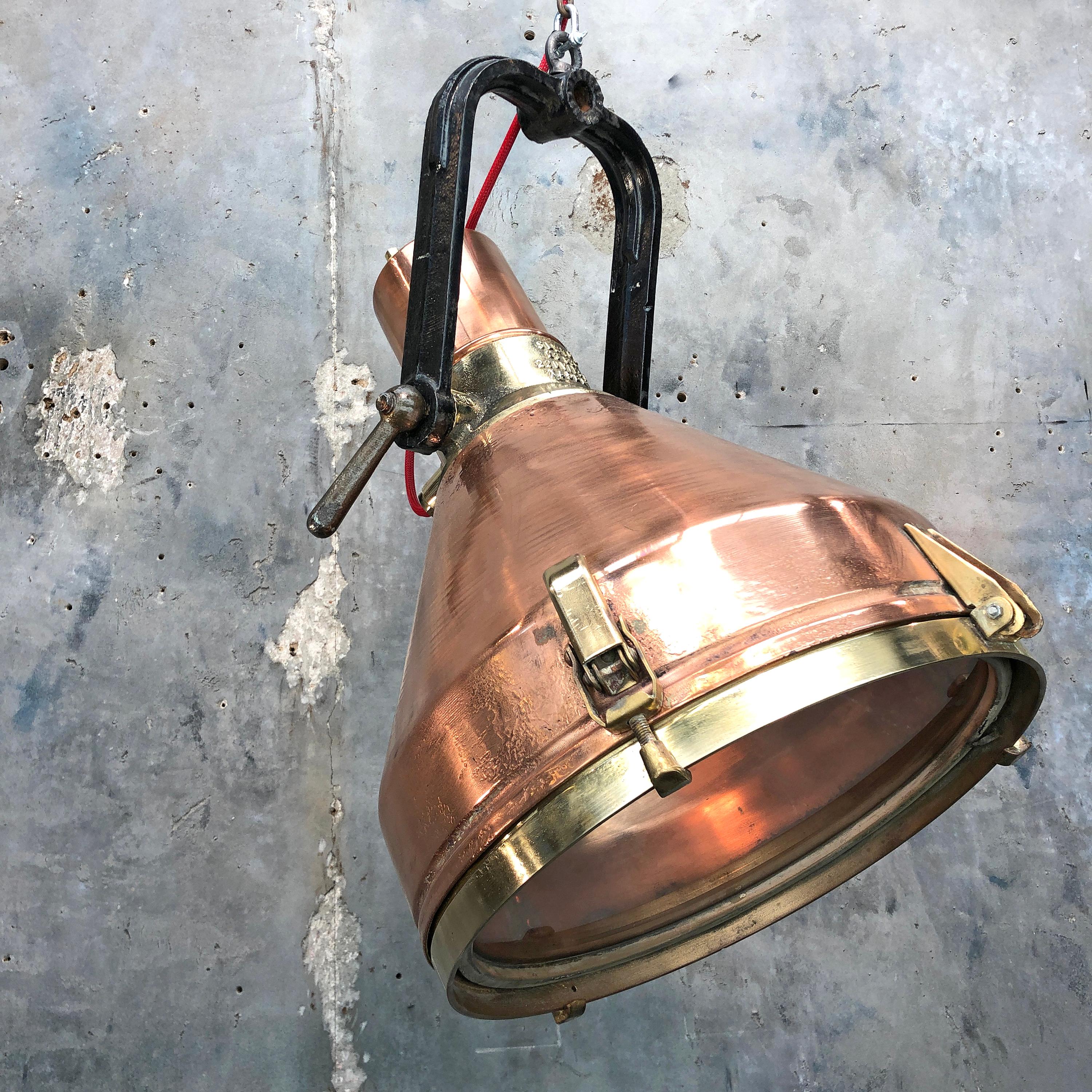 Midcentury Large Industrial German Copper, Brass, Cast Iron Gantry Pendant Lamp For Sale 9