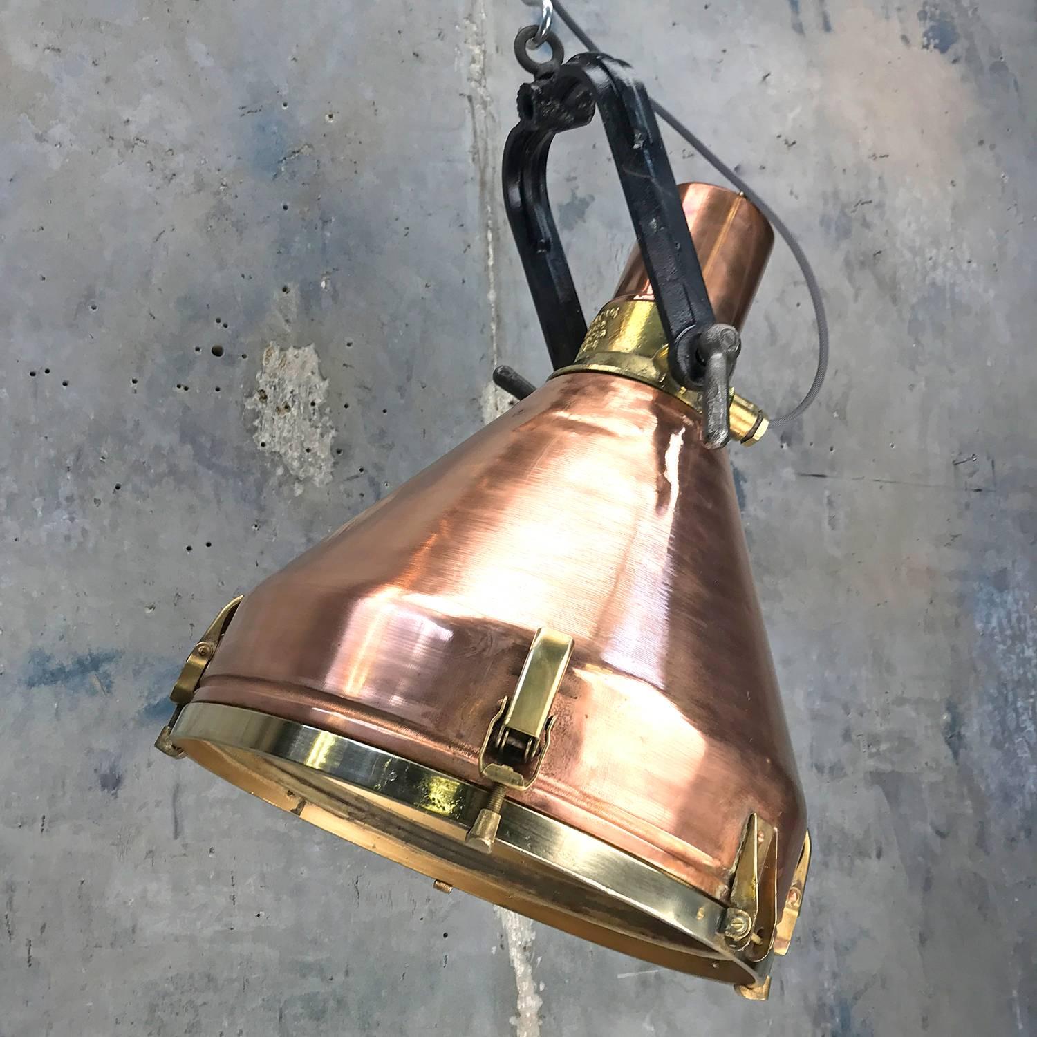 Midcentury Large Industrial German Copper, Brass, Cast Iron Gantry Pendant Lamp 9