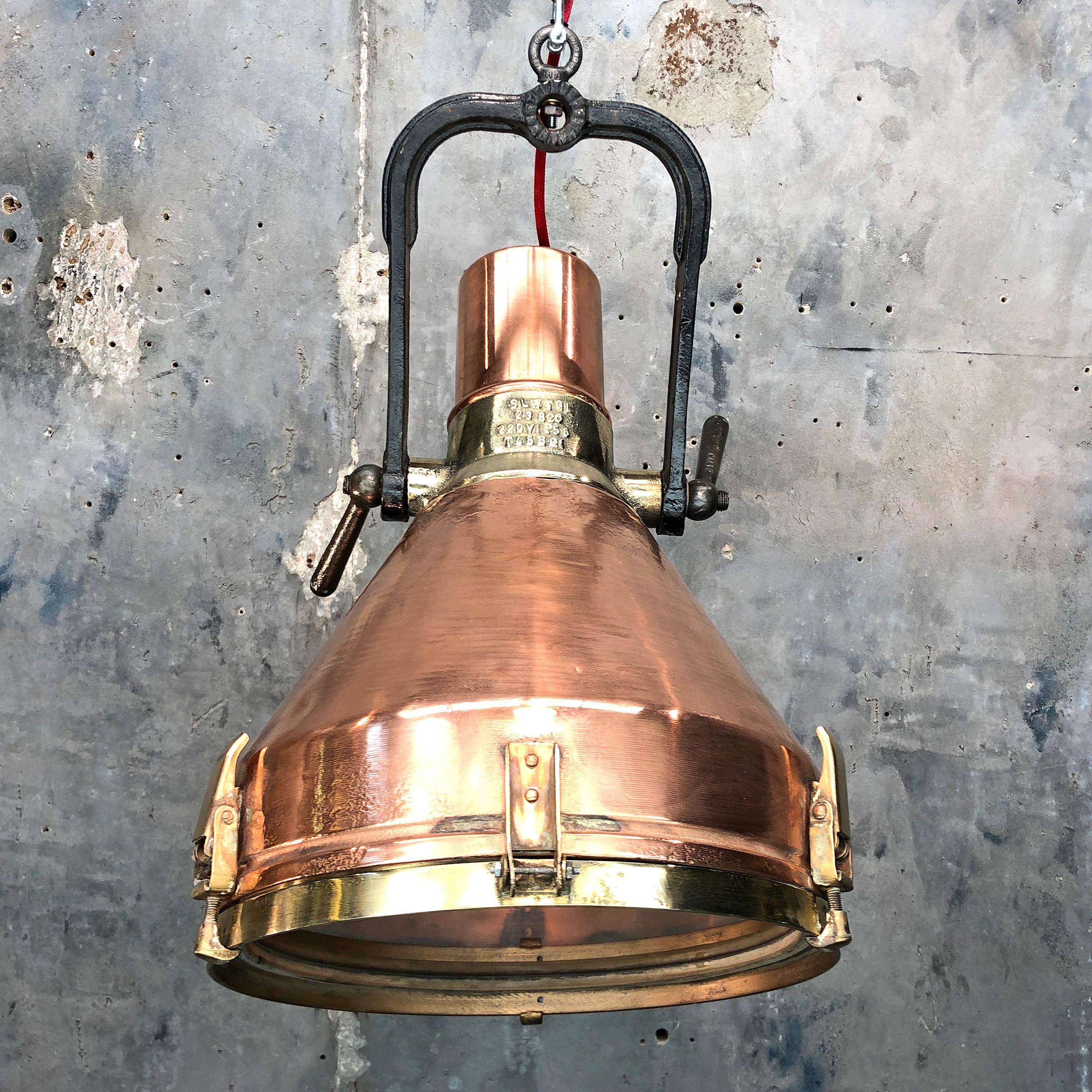 Midcentury Large Industrial German Copper, Brass, Cast Iron Gantry Pendant Lamp For Sale 10