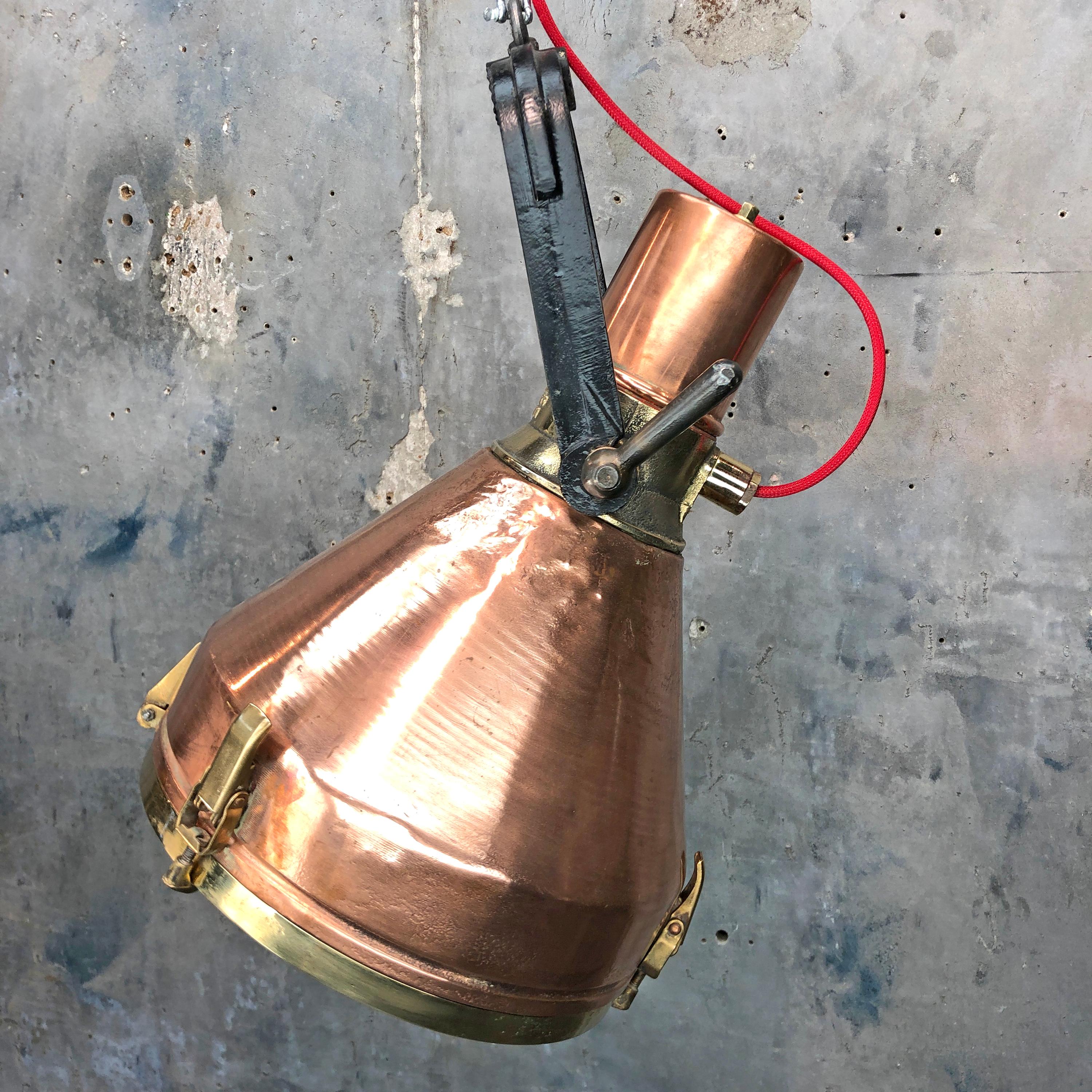 Midcentury Large Industrial German Copper, Brass, Cast Iron Gantry Pendant Lamp For Sale 11