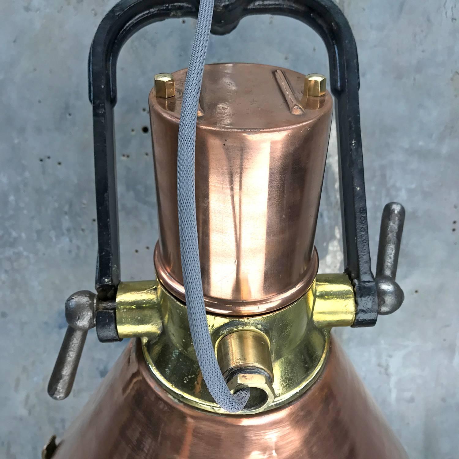 Midcentury Large Industrial German Copper, Brass, Cast Iron Gantry Pendant Lamp 11