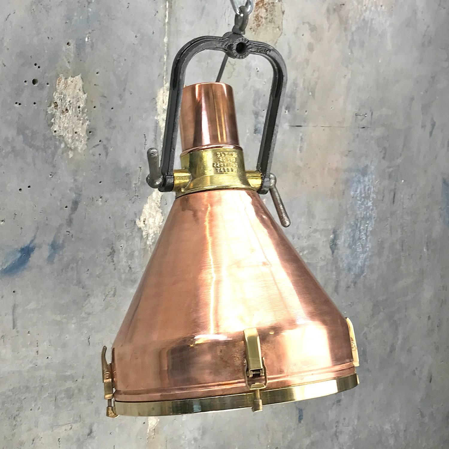 Midcentury Large Industrial German Copper, Brass, Cast Iron Gantry Pendant Lamp 13