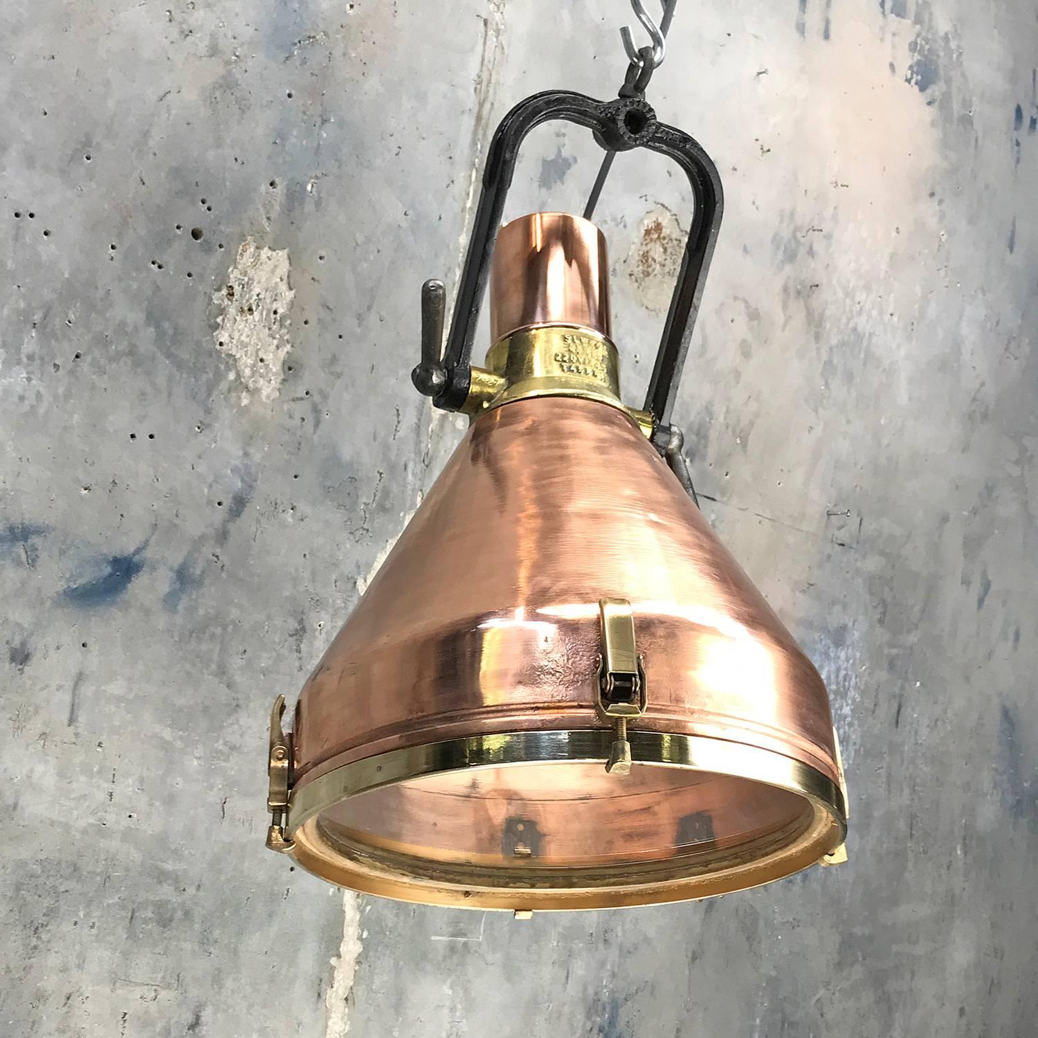 Midcentury Large Industrial German Copper, Brass, Cast Iron Gantry Pendant Lamp 14