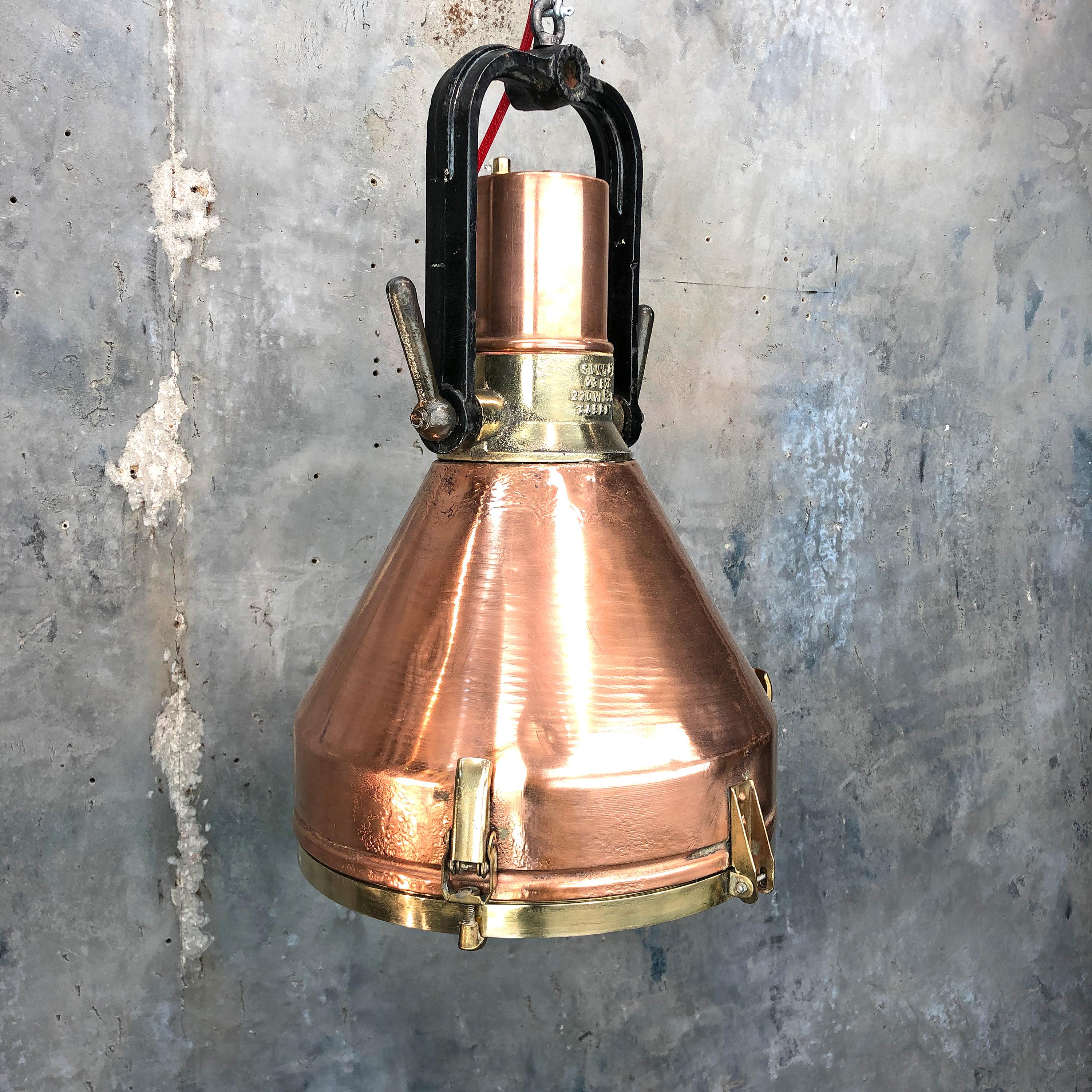 German made copper and brass bridge lights, circa 1960 by VEB 

Reclaimed from bridges and gantry's of supertankers, cargo ships and load cranes.

The main body is spun copper with a lovely rich polished copper finish, the glass bezel and quick