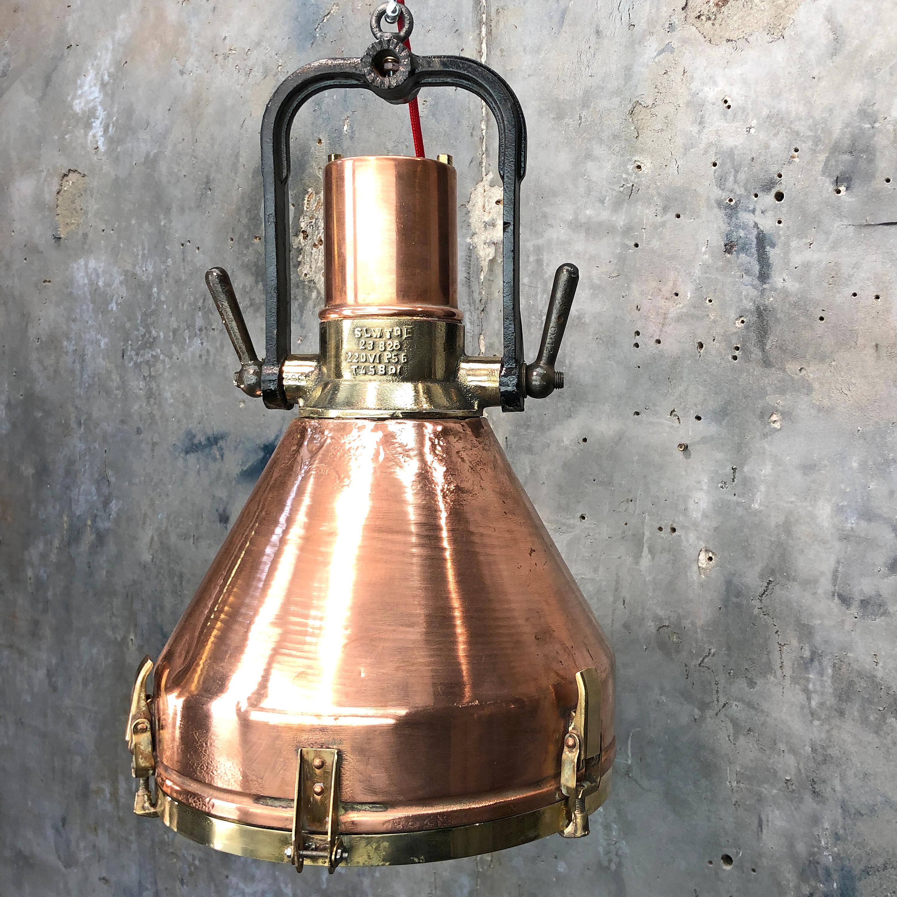 Midcentury Large Industrial German Copper, Brass, Cast Iron Gantry Pendant Lamp In Good Condition For Sale In Leicester, Leicestershire