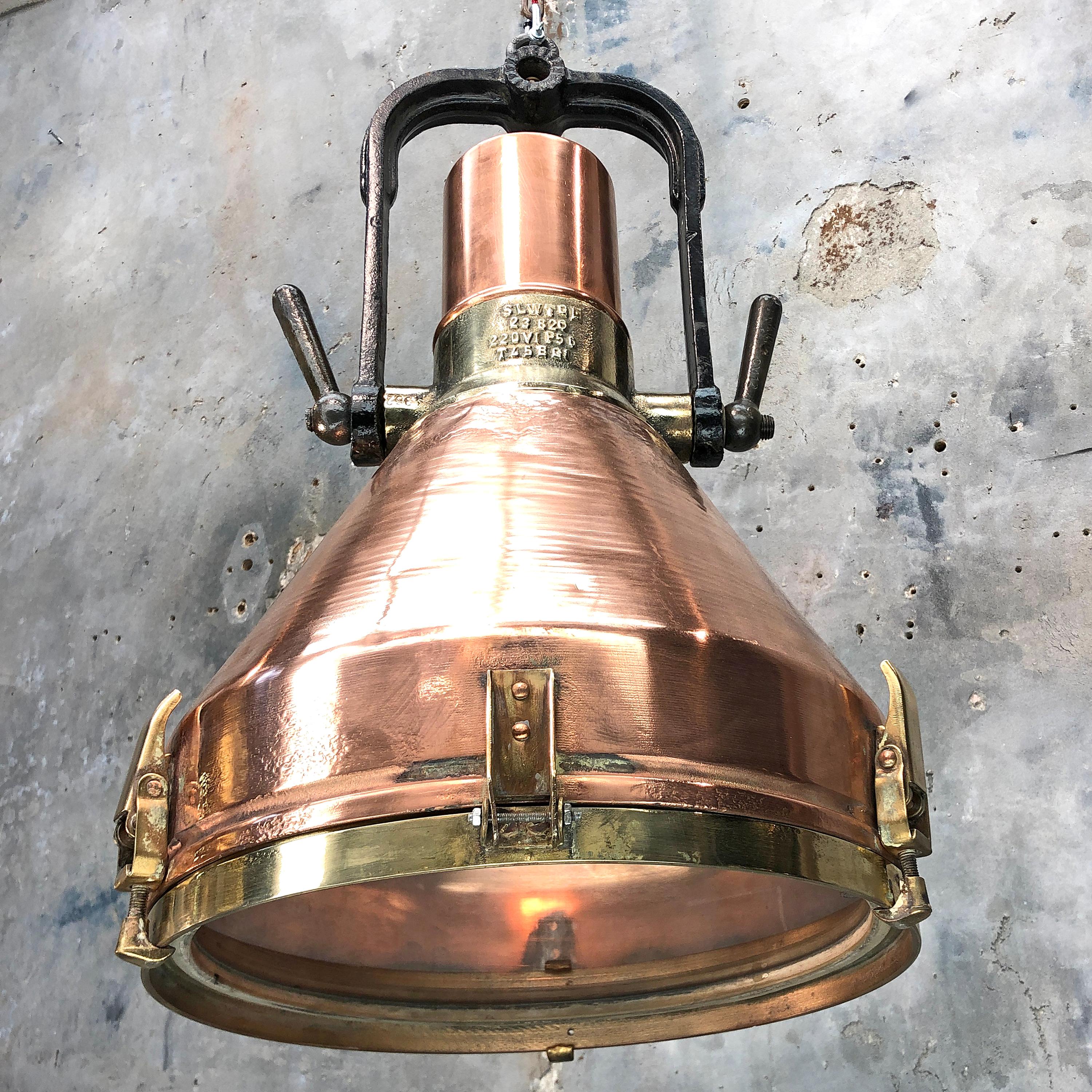 Mid-20th Century Midcentury Large Industrial German Copper, Brass, Cast Iron Gantry Pendant Lamp For Sale