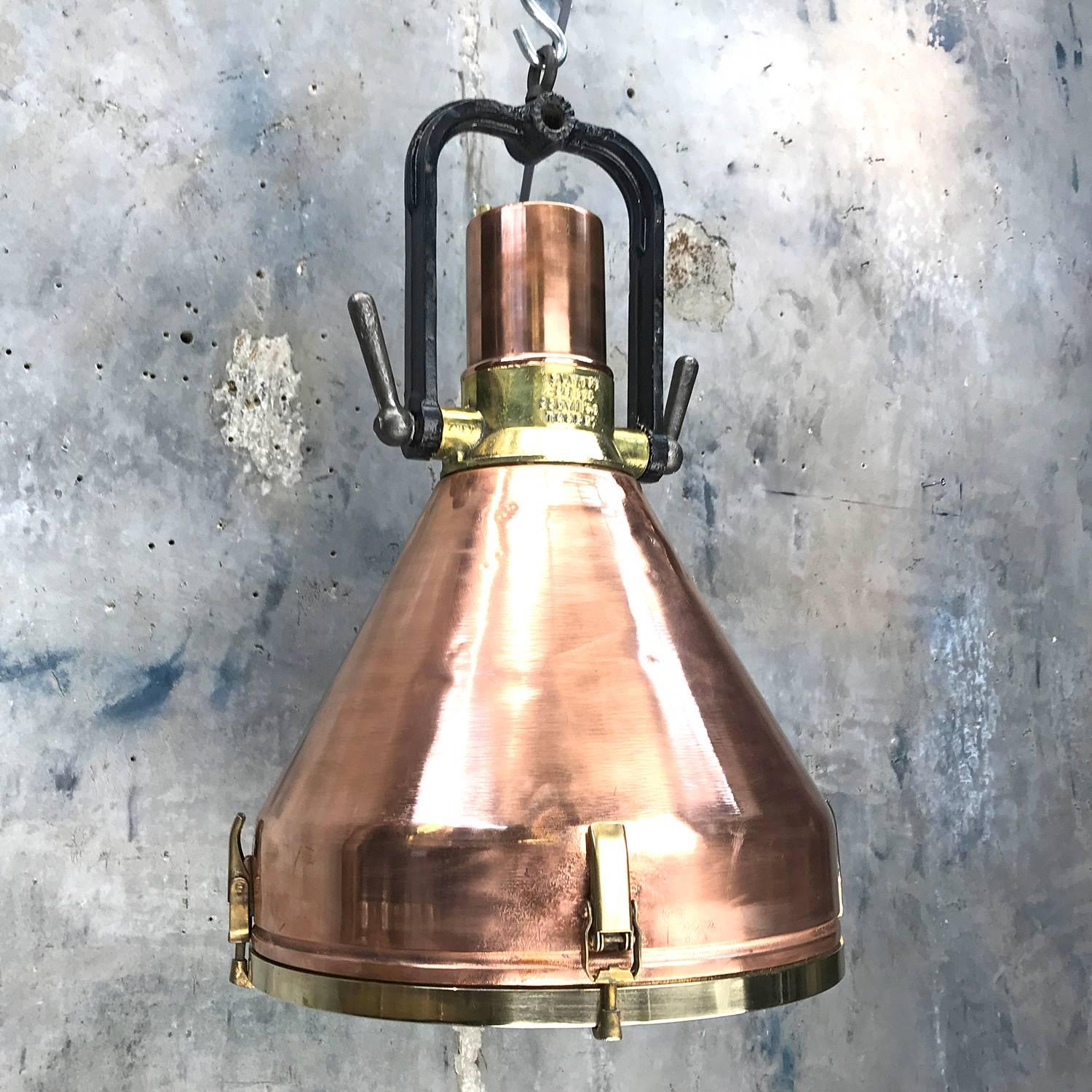 Mid-20th Century Midcentury Large Industrial German Copper, Brass, Cast Iron Gantry Pendant Lamp