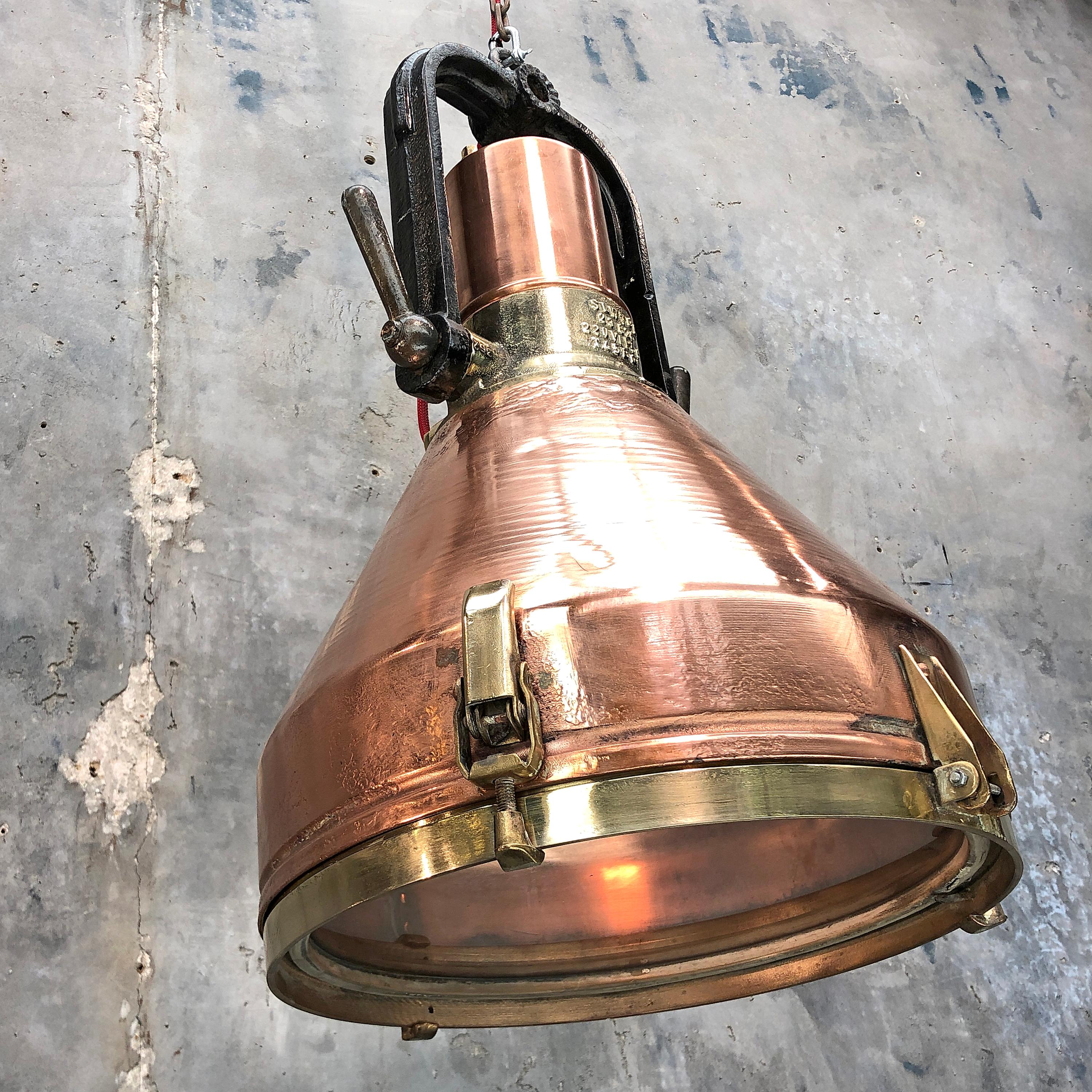 Midcentury Large Industrial German Copper, Brass, Cast Iron Gantry Pendant Lamp For Sale 1