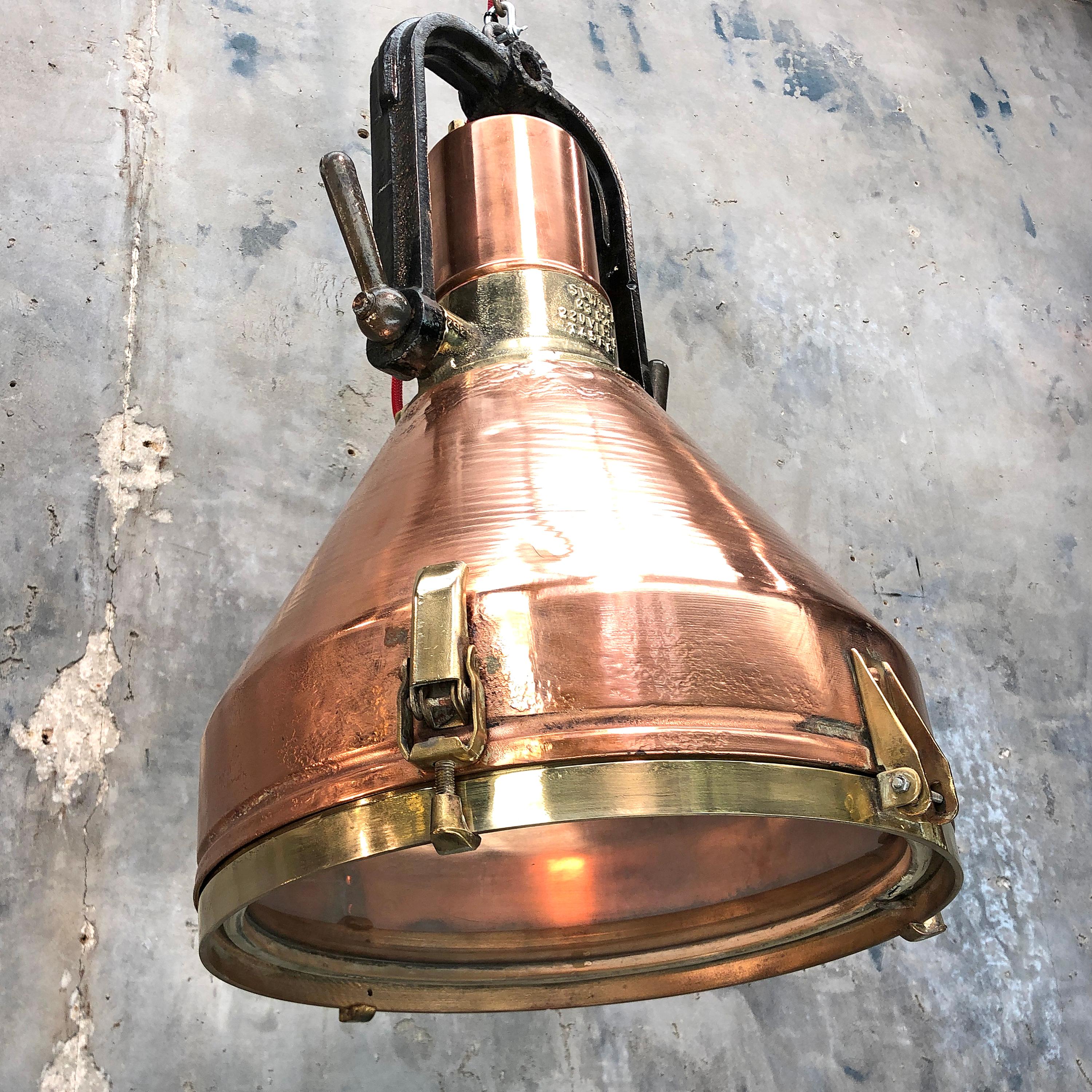 Midcentury Large Industrial German Copper, Brass, Cast Iron Gantry Pendant Lamp For Sale 2