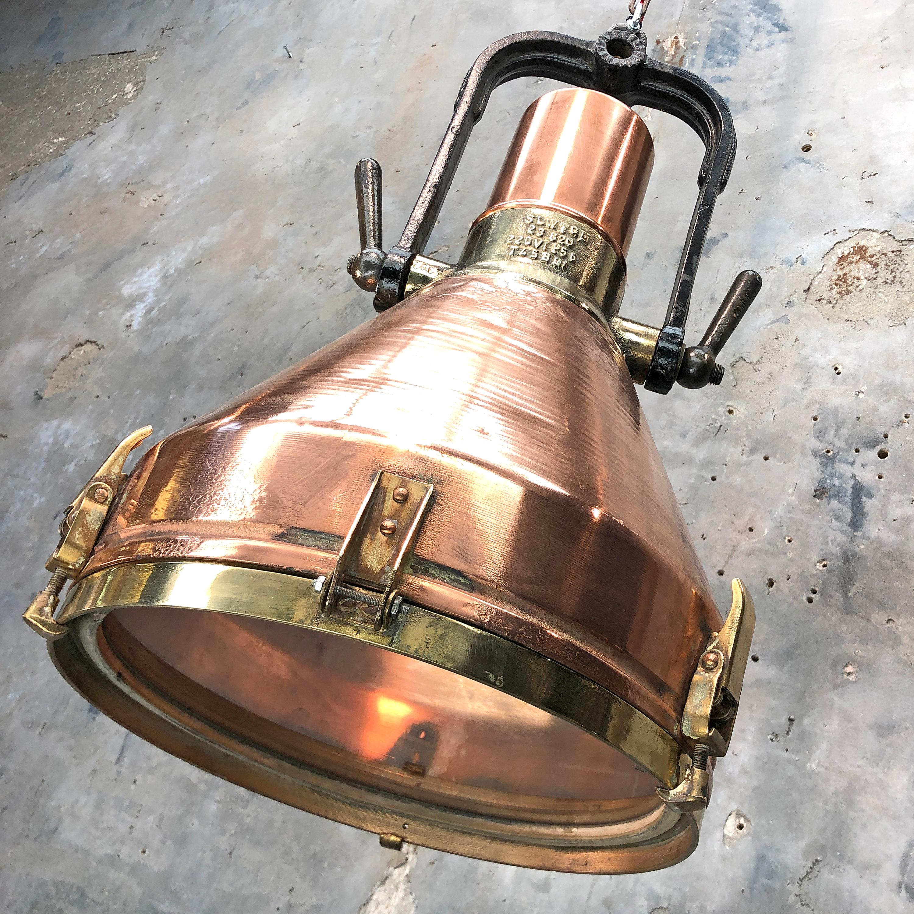 Midcentury Large Industrial German Copper, Brass, Cast Iron Gantry Pendant Lamp For Sale 3